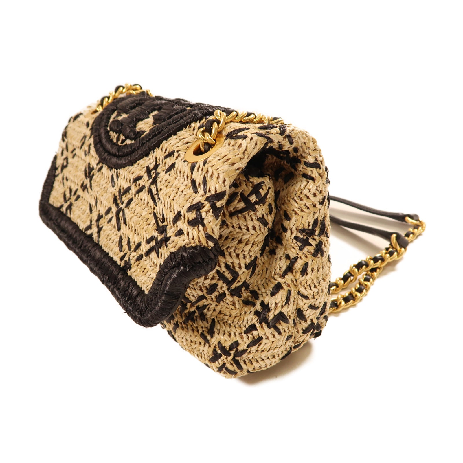 Tory Burch 藤料Chain Shoulder金扣鏈帶肩背袋米色/黑色
