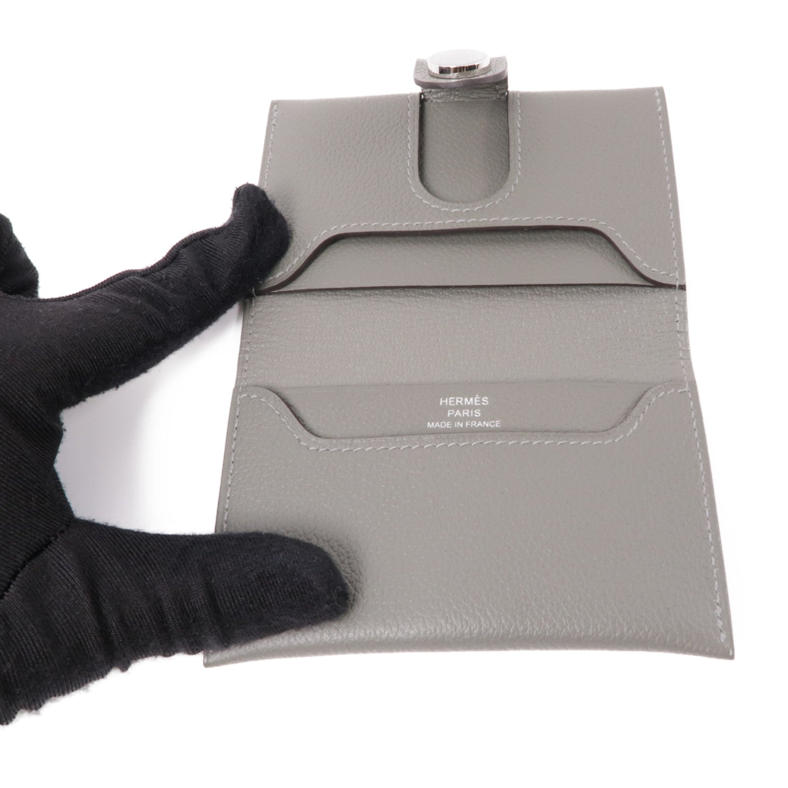 HERMES Evercolor皮革Porte-Cartes銀扣卡片套Gris Meyer灰色