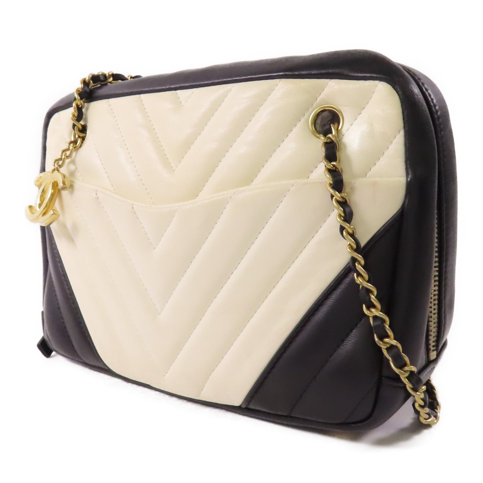 CHANEL CC GHW Chain Shoulder Bag Lambskin Leather Black White