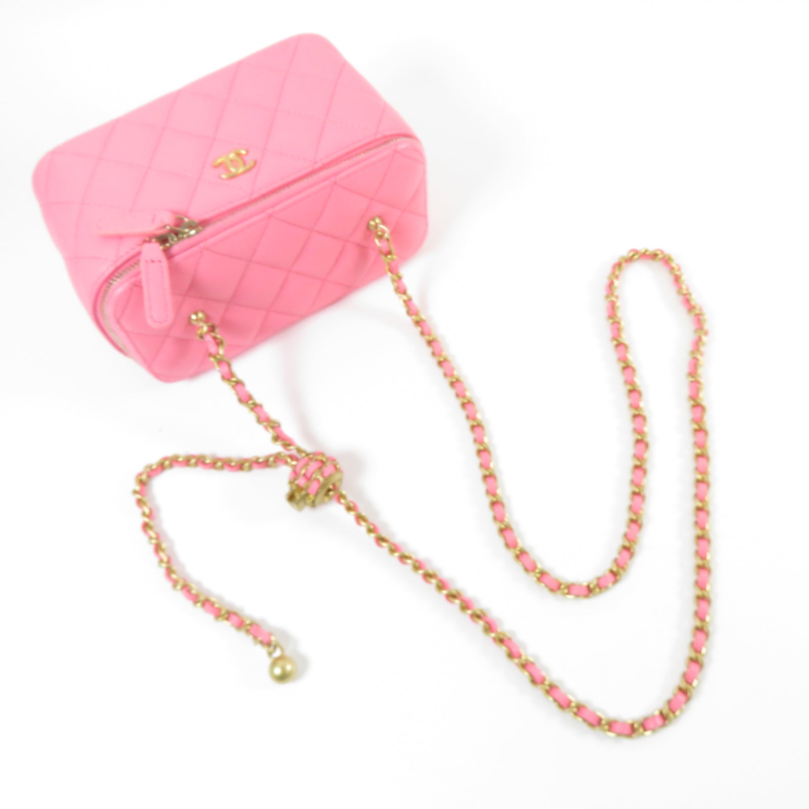 CHANEL **【激減優惠】菱格羊皮皮革Vanity Case金扣鏈帶肩背袋粉紅色