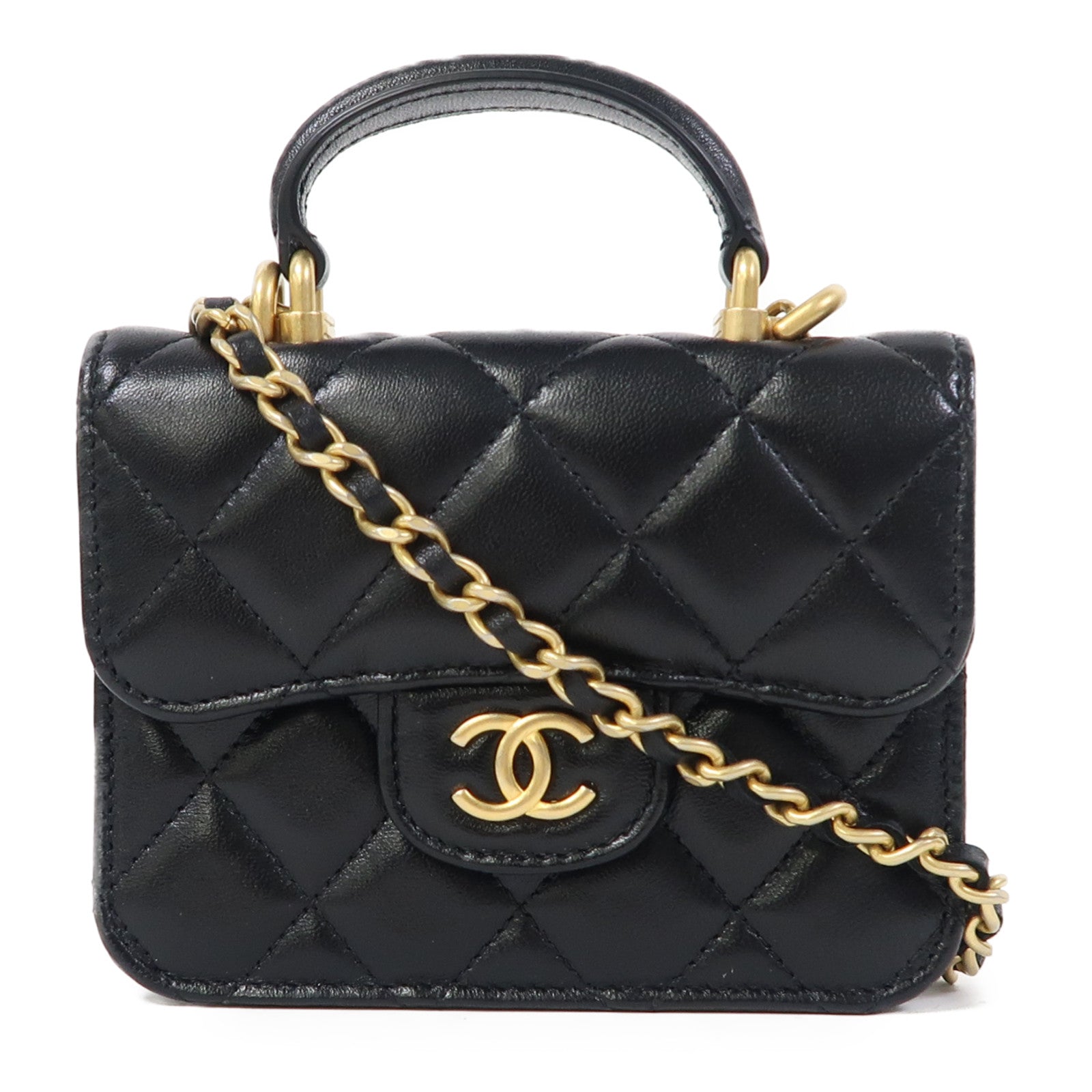 CHANEL 菱格羊皮皮革Chain Shoulder金扣鏈帶肩背袋黑色