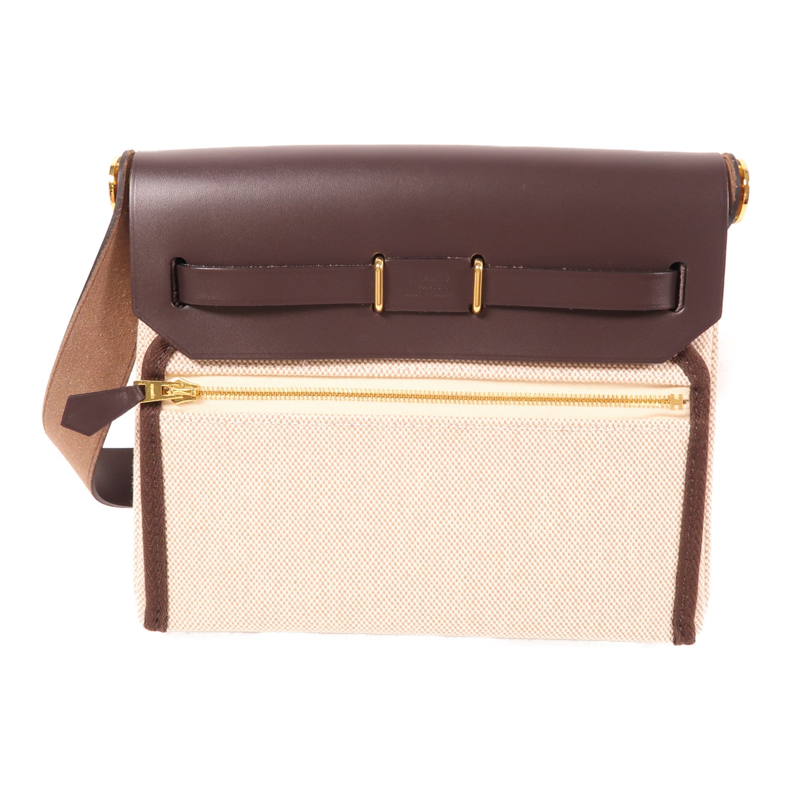 HERMES 帆布/皮革HerBag Zip 20金扣肩背袋