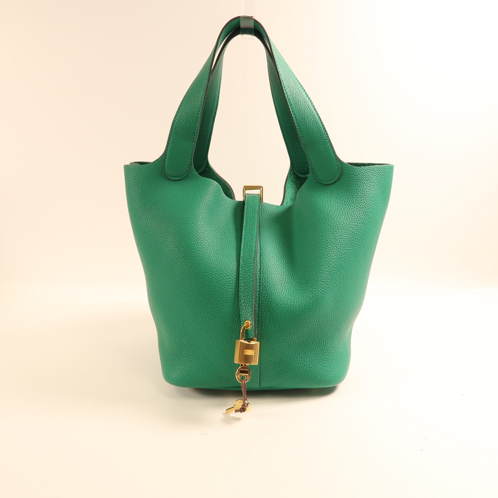 HERMES Clemence皮革Picotin MM金扣手挽袋Vert Vertigo絲絨綠
