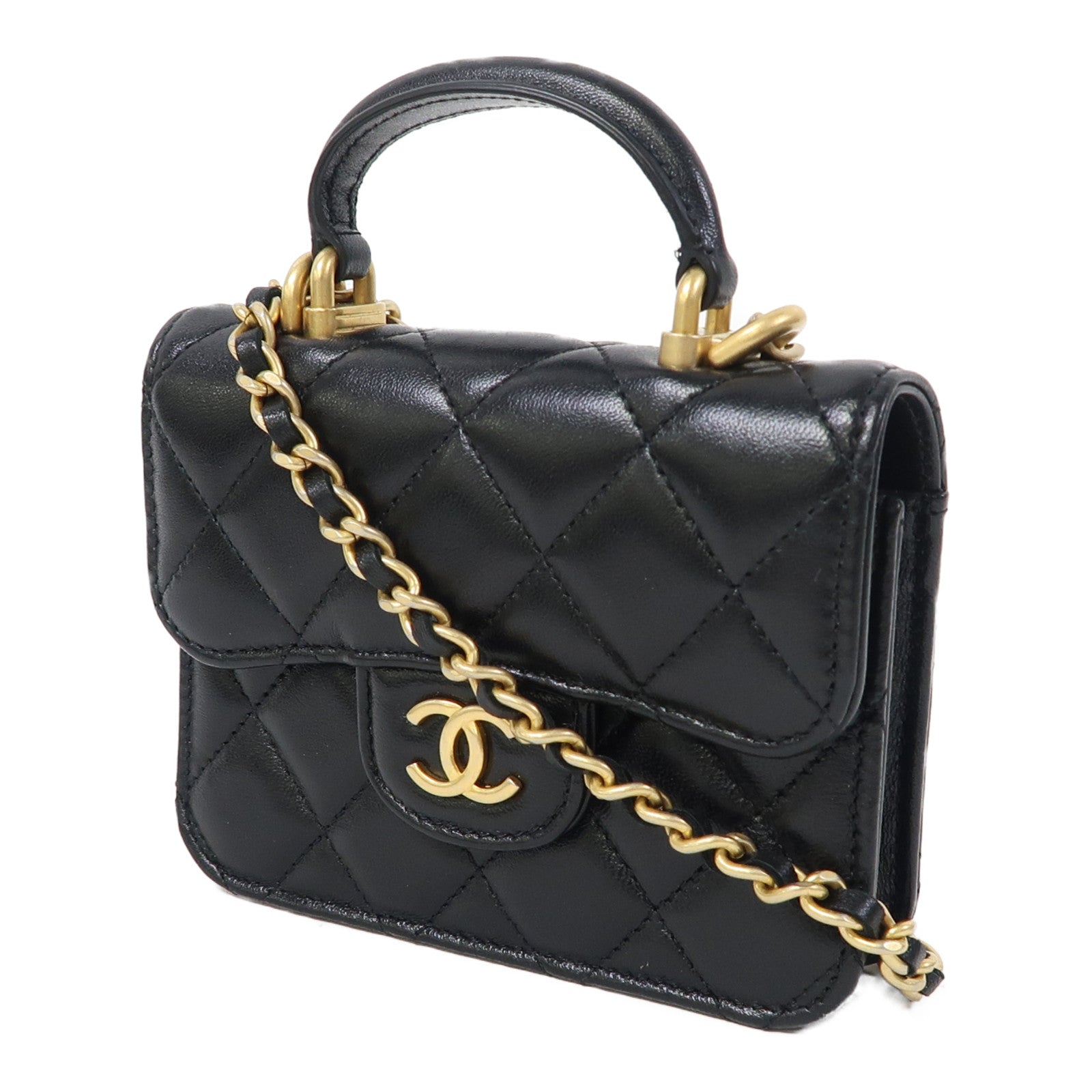 CHANEL 菱格羊皮皮革Chain Shoulder金扣鏈帶肩背袋黑色