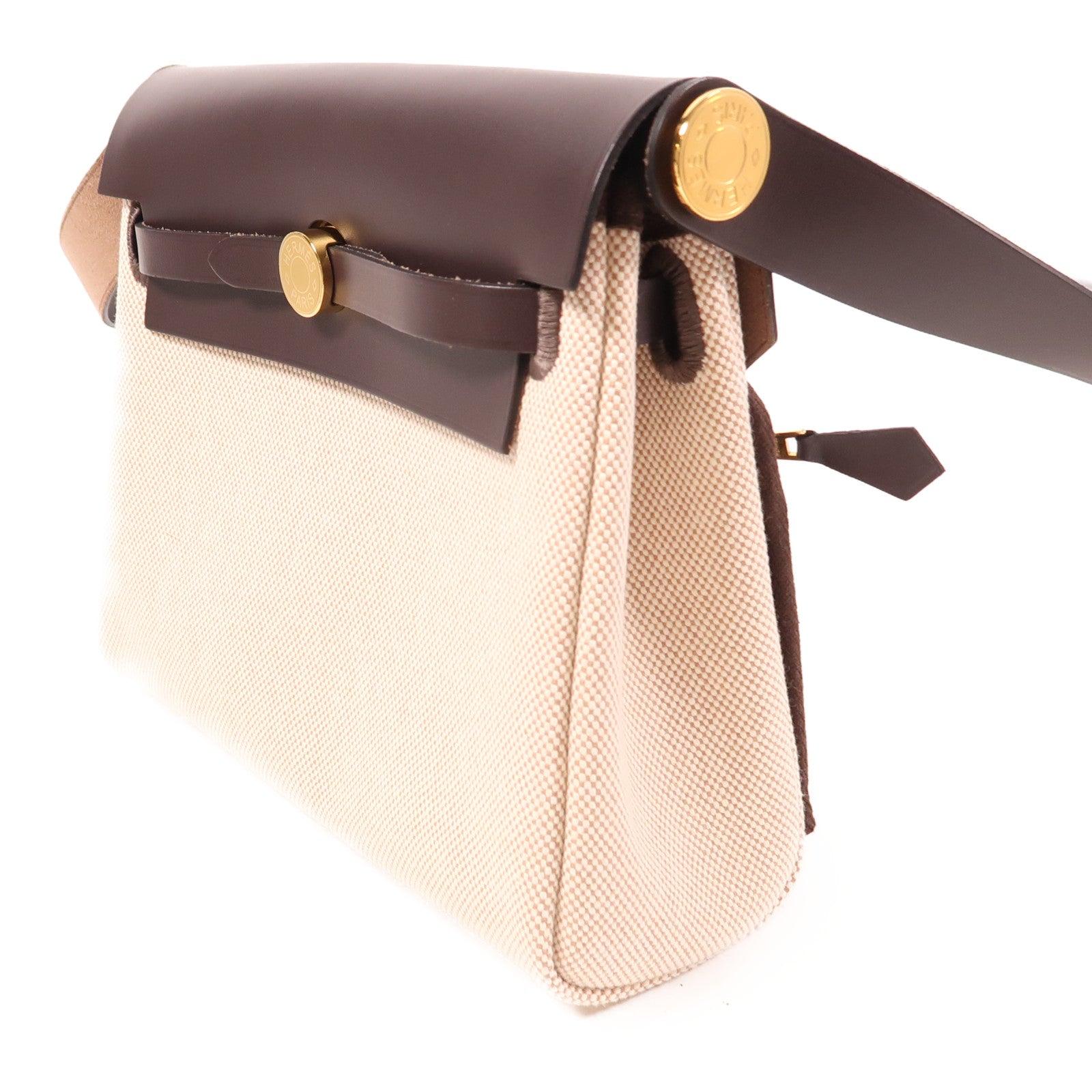 HERMES 帆布/皮革HerBag Zip 20金扣肩背袋