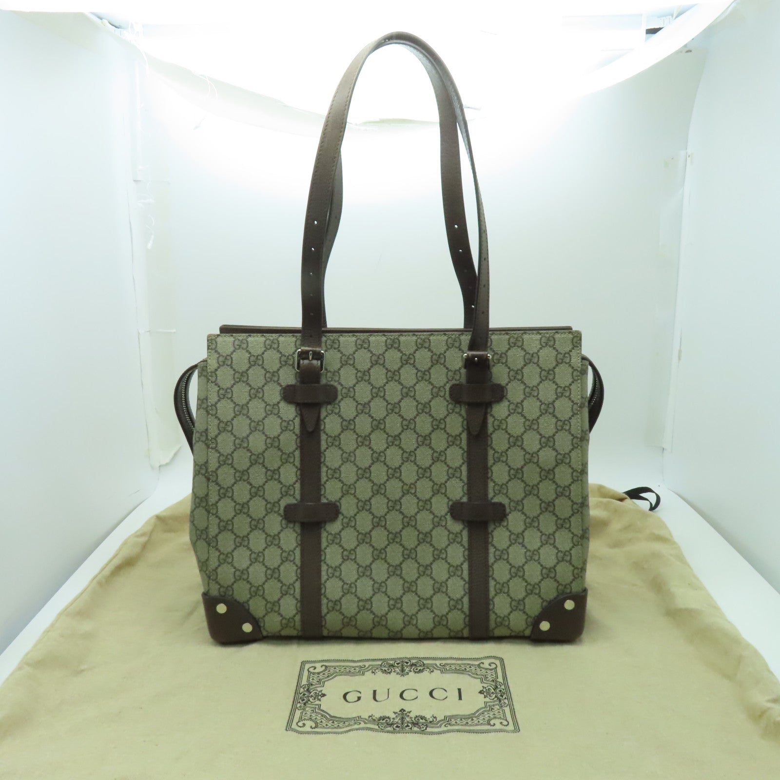 GUCCI 【激減優惠】塗層帆布Tote Bag銀扣手挽袋啡色