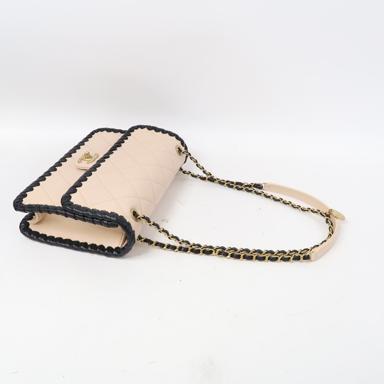 CHANEL 菱格牛皮皮革Shoulder Bag金扣鏈帶肩背袋粉紅色/黑色