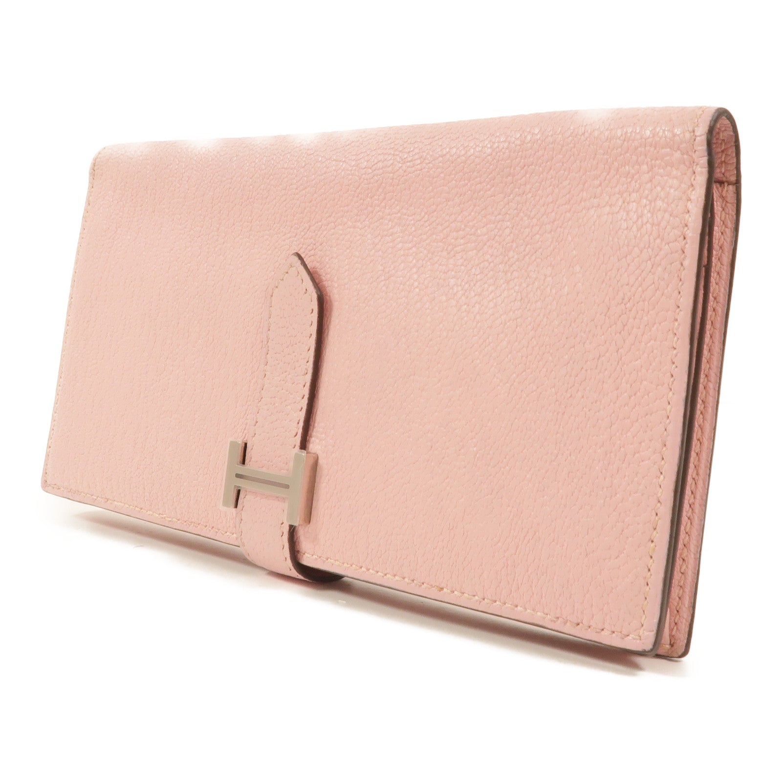 HERMES Chevre皮革Bearn W Snap長錢包Rose Sakura