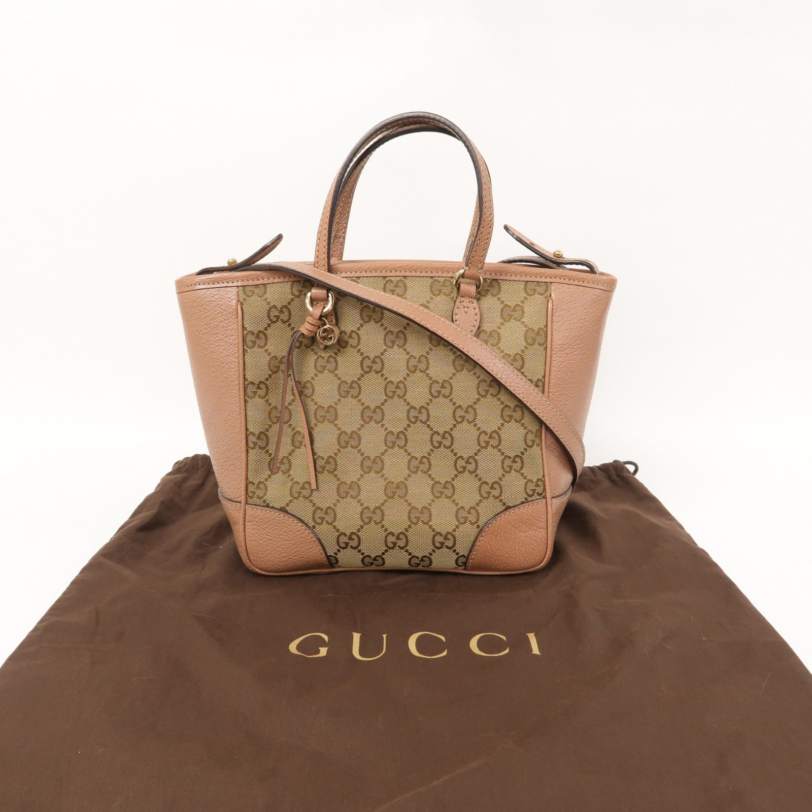 GUCCI 帆布/皮革2 Way Shoulder金扣手挽肩背兩用袋米色/啡色