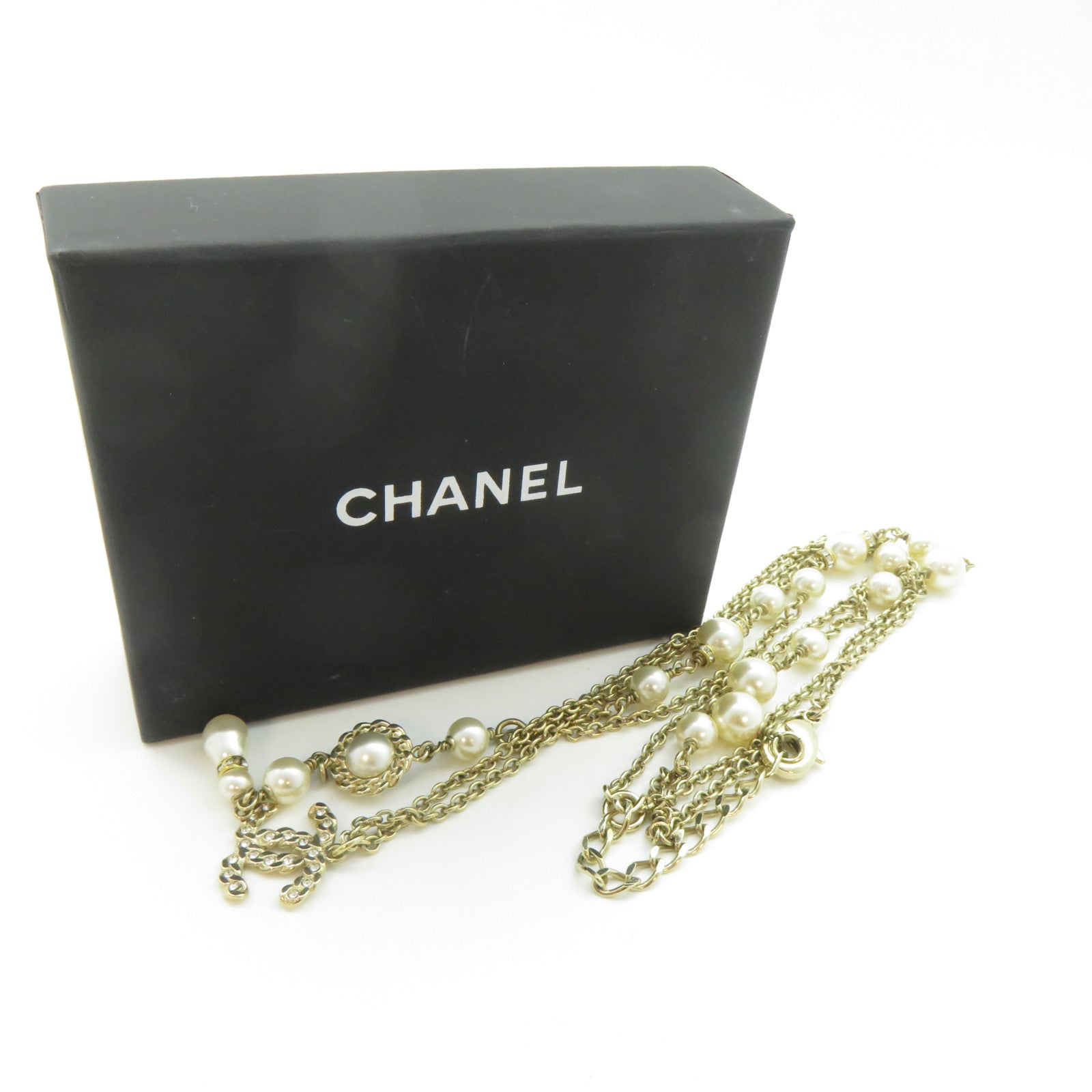 CHANEL 金屬CC Double Chain Pearl Necklace項鍊金色