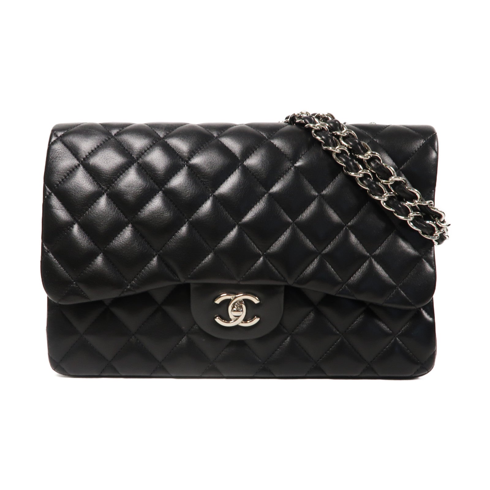 CHANEL 菱格羊皮皮革Chain Shoulder Bag銀扣肩背袋黑色