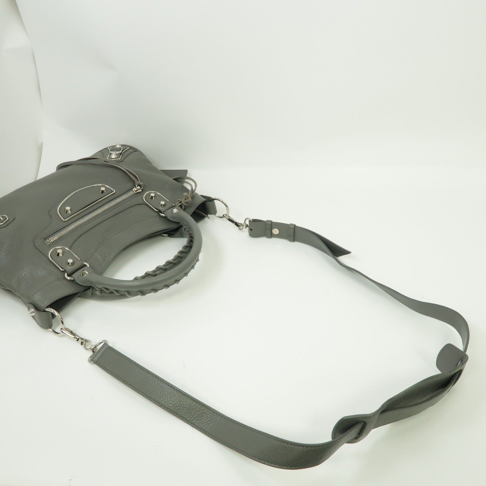 BALENCIAGA 牛皮皮革Metallic Edge City銀扣手挽肩背兩用袋灰色