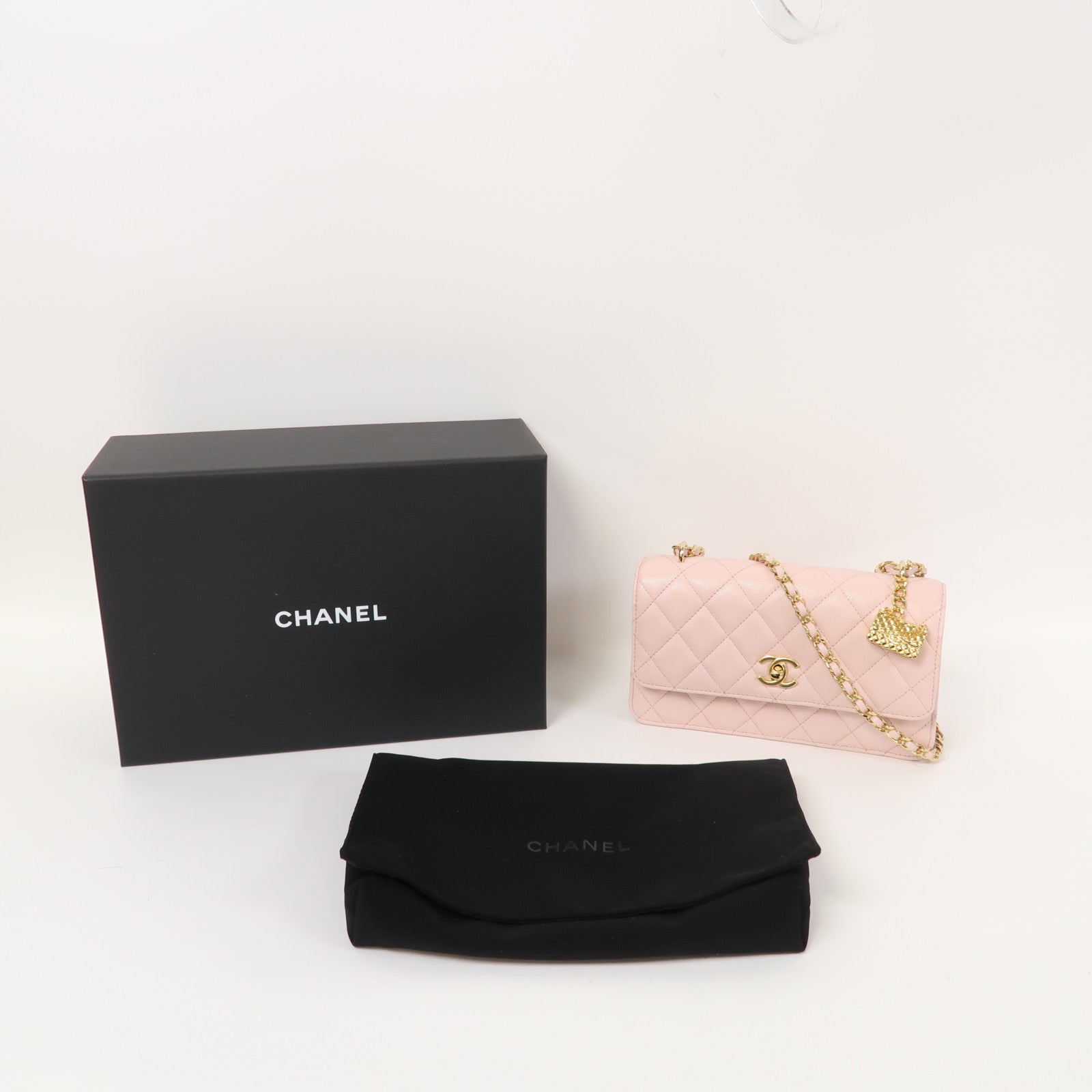 CHANEL 菱格牛皮皮革Chain Shoulder金扣鏈帶肩背袋粉紅色