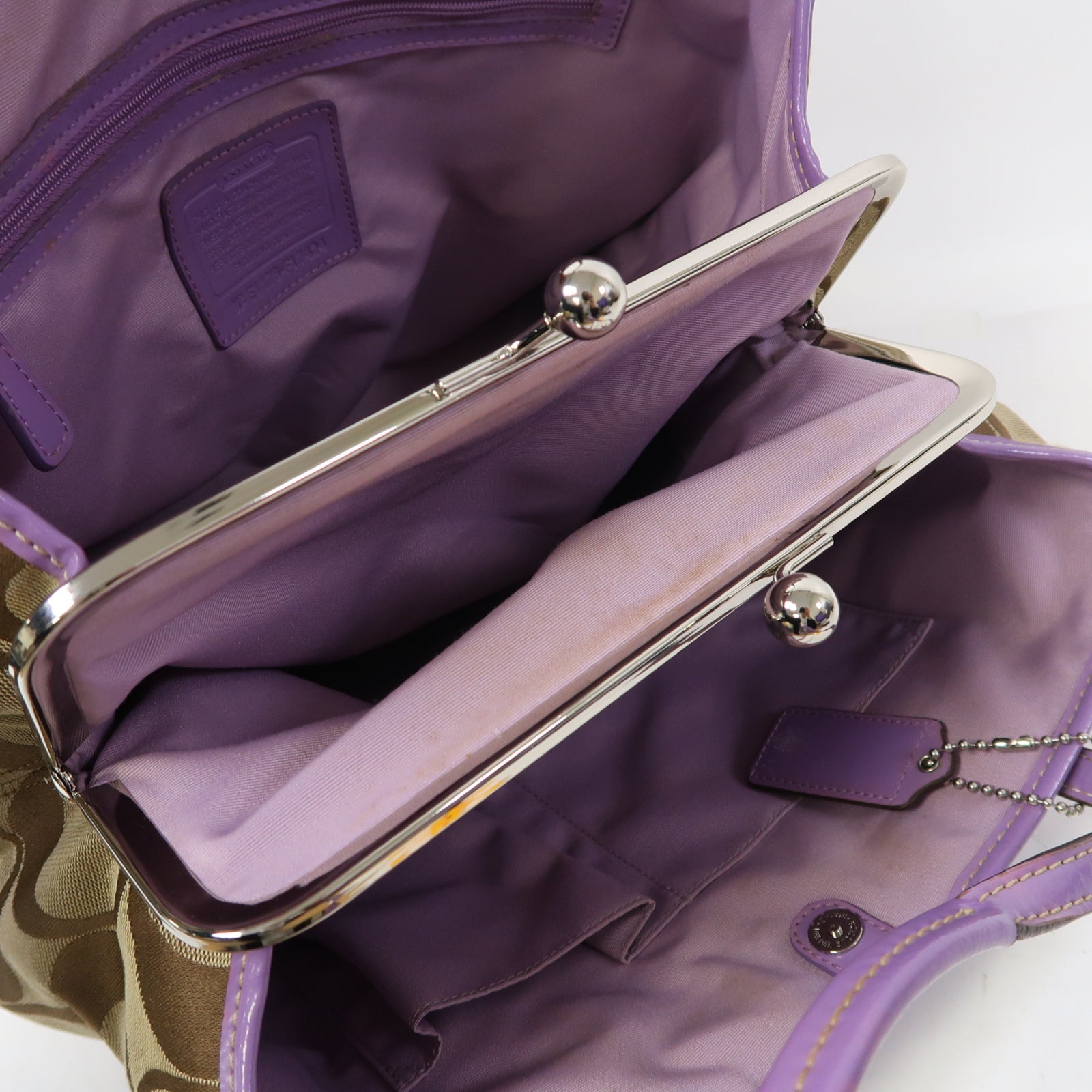 COACH 帆布Shoulder Bag銀扣肩背袋啡色/紫色