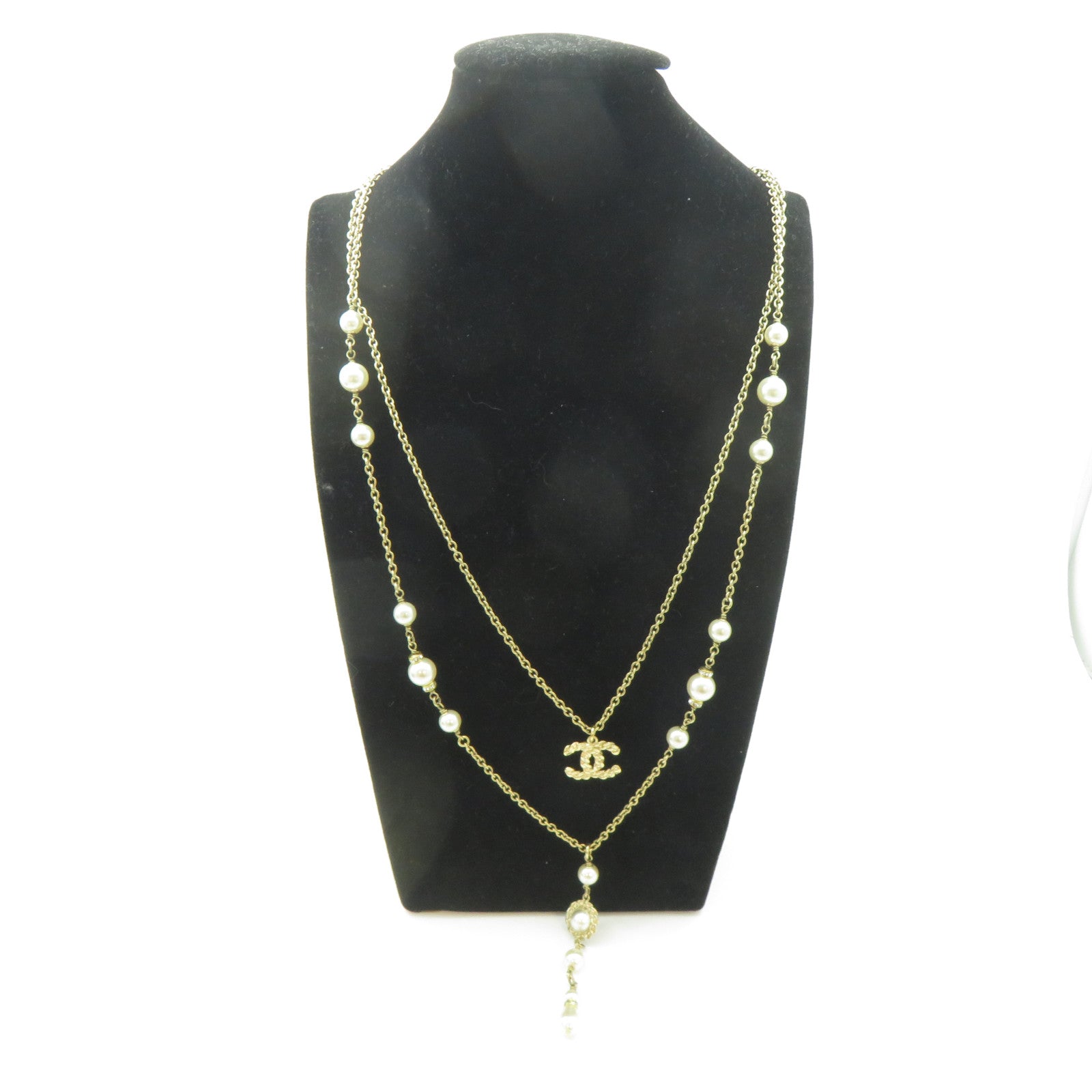 CHANEL 金屬CC Double Chain Pearl Necklace項鍊金色
