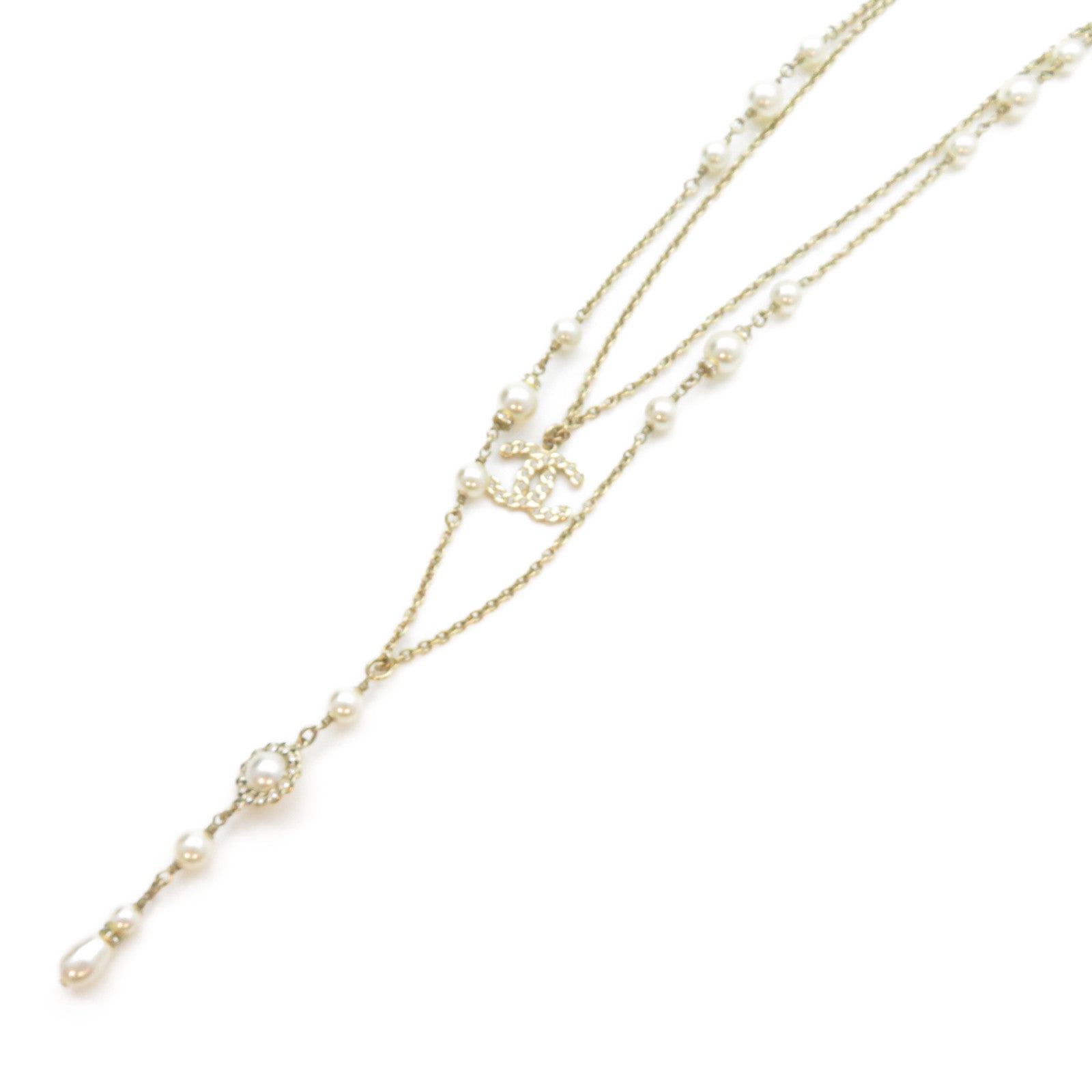 CHANEL 金屬CC Double Chain Pearl Necklace項鍊金色