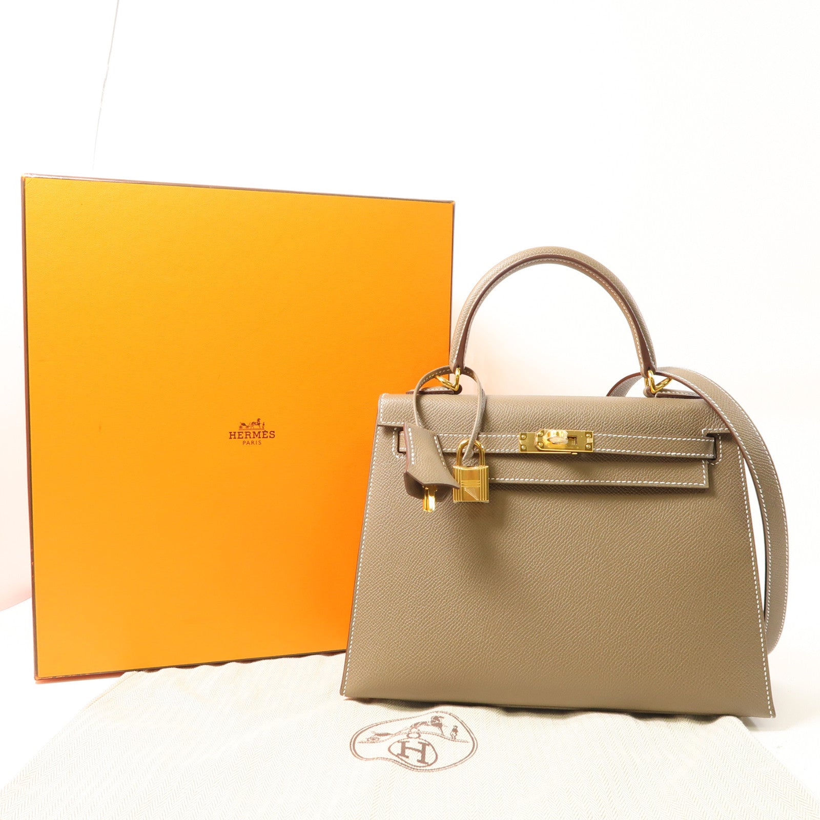 HERMES Epsom皮革Kelly 25金扣手挽肩背兩用袋Etoupe大象灰