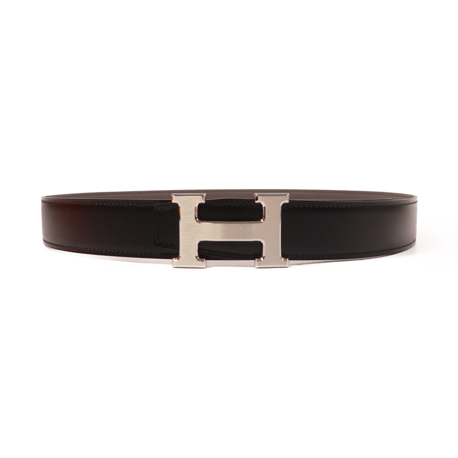 HERMES Veau 135/Togo皮革Belt銀扣皮帶Noir/Etain