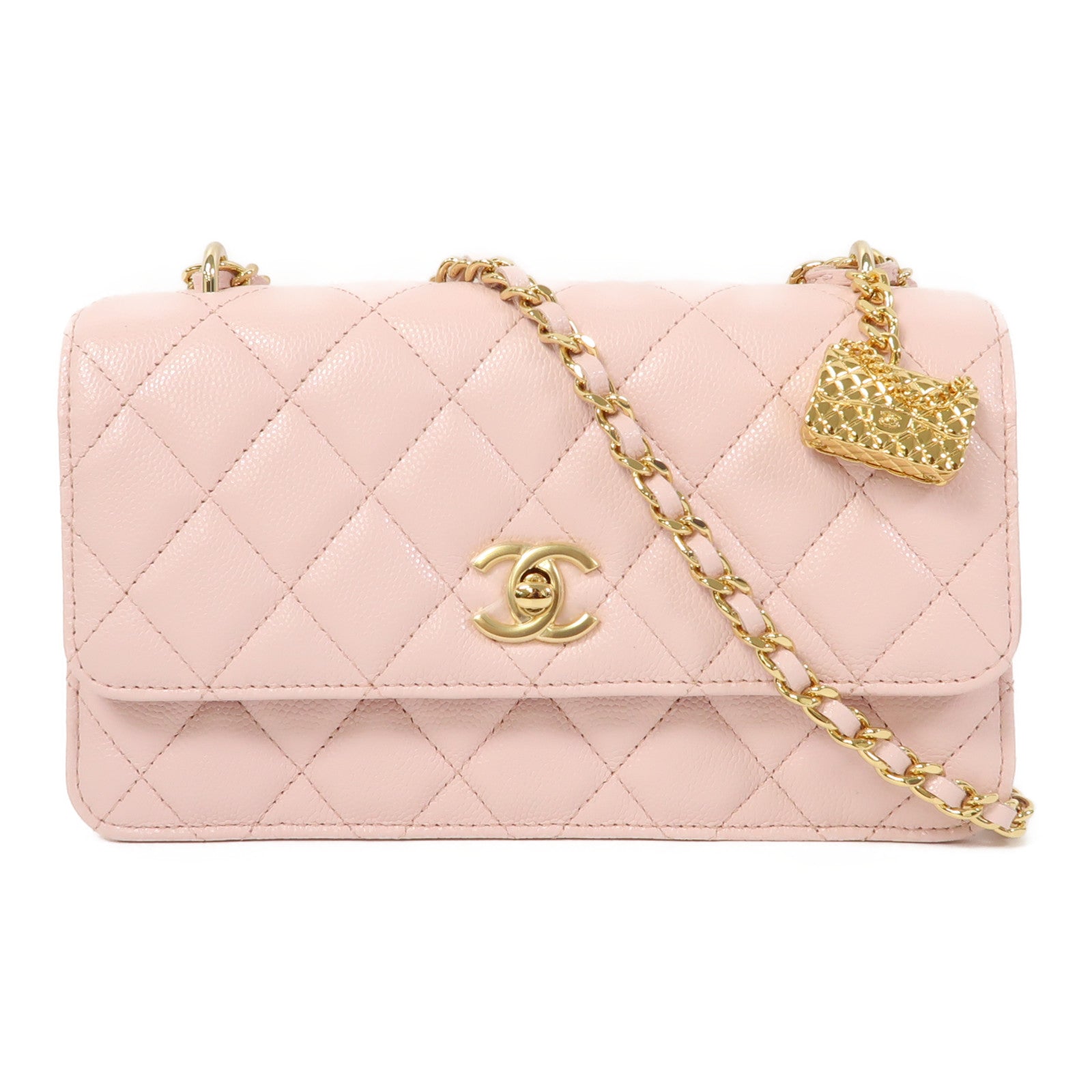 CHANEL 菱格牛皮皮革Chain Shoulder金扣鏈帶肩背袋粉紅色