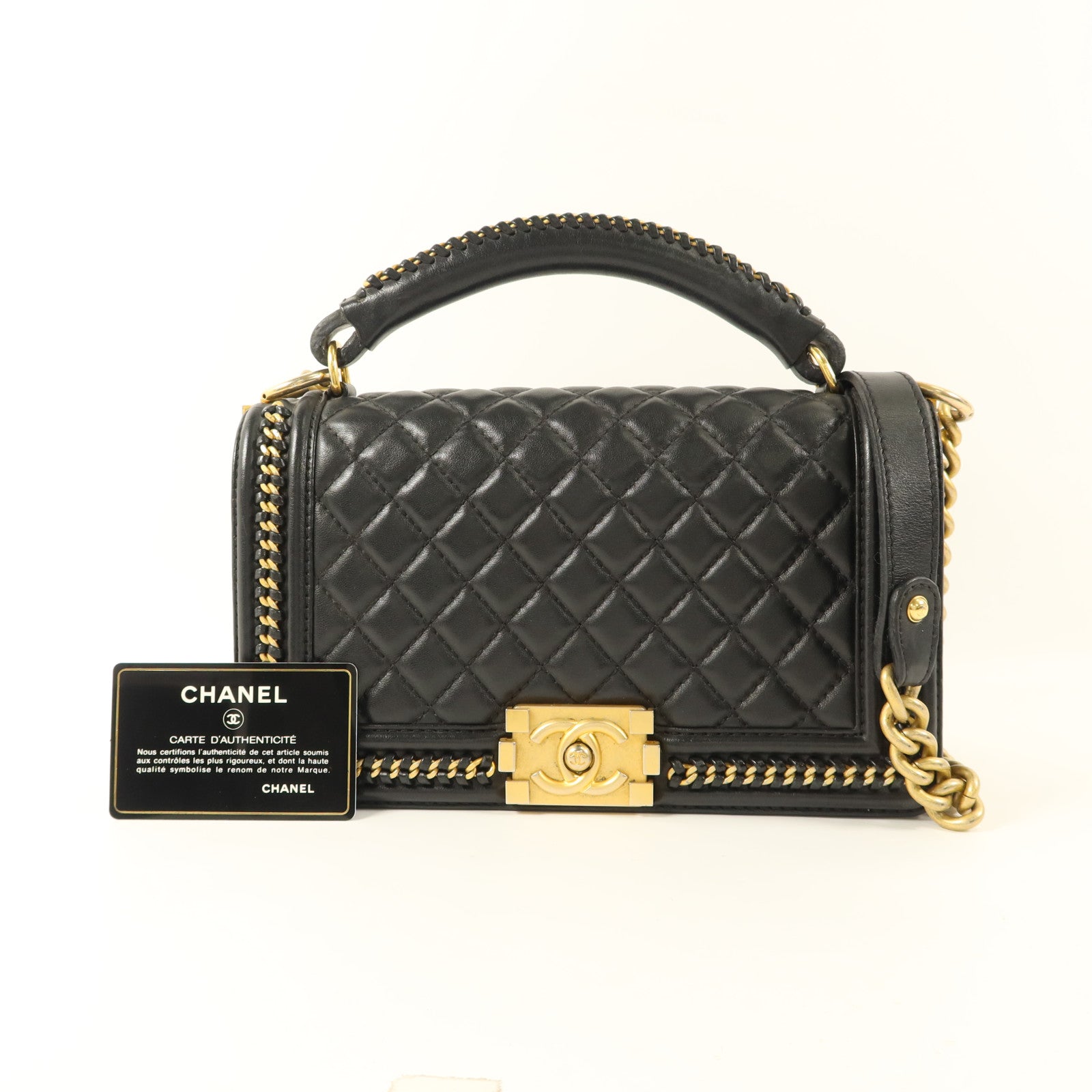 CHANEL 牛皮皮革Boy 25金扣鏈帶手挽肩背兩用袋