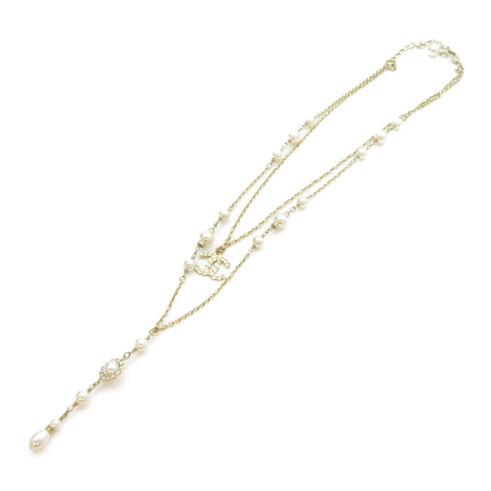 CHANEL 金屬CC Double Chain Pearl Necklace項鍊金色