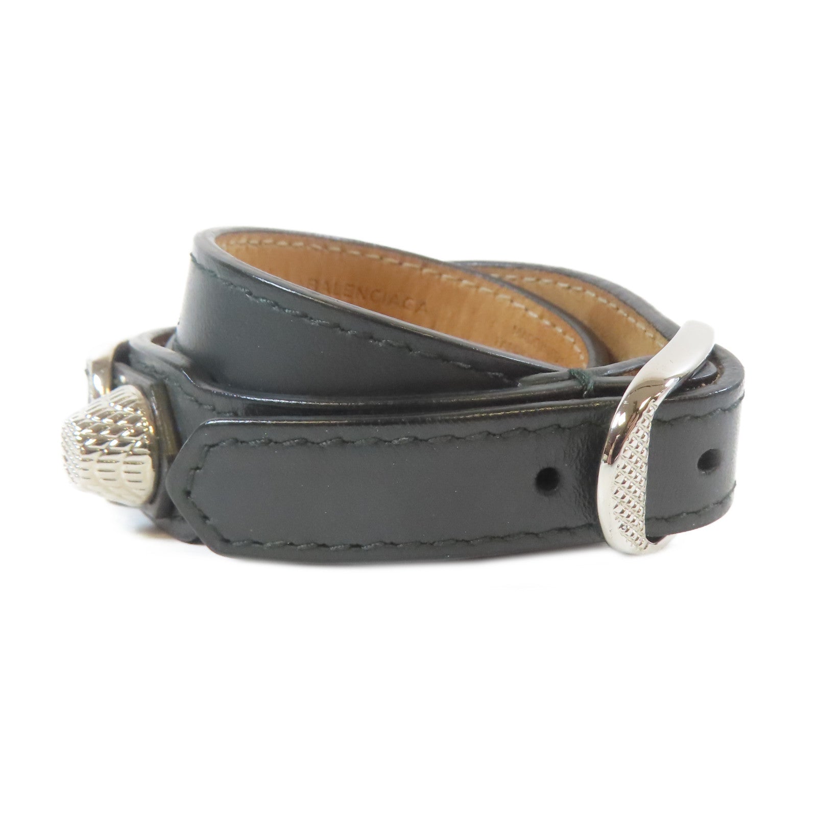 BALENCIAGA 皮革/金屬Bangle手鐲黑色/銀色#15.5cm