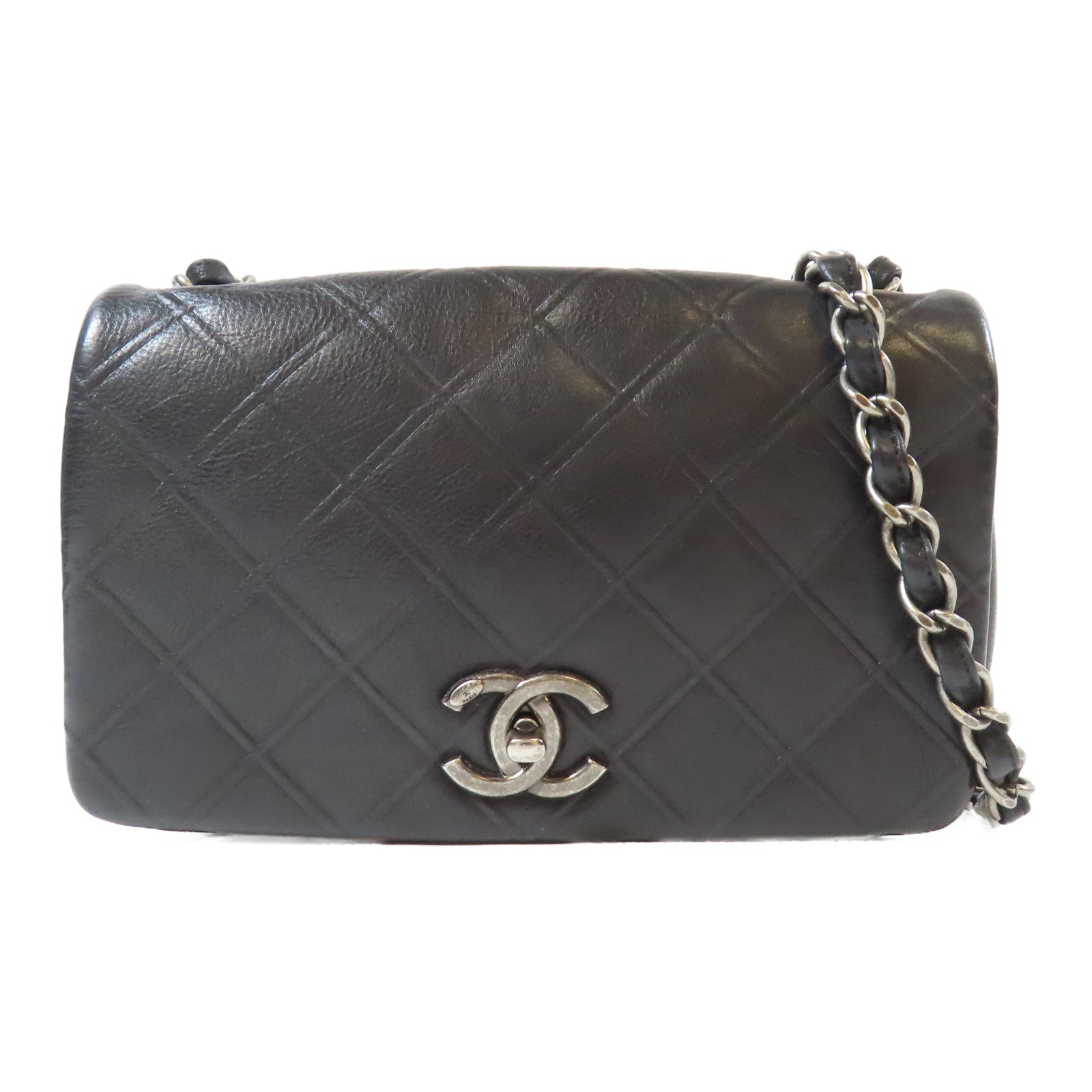 CHANEL 菱格牛皮皮革Flap Bag銀扣鏈帶肩背袋黑色
