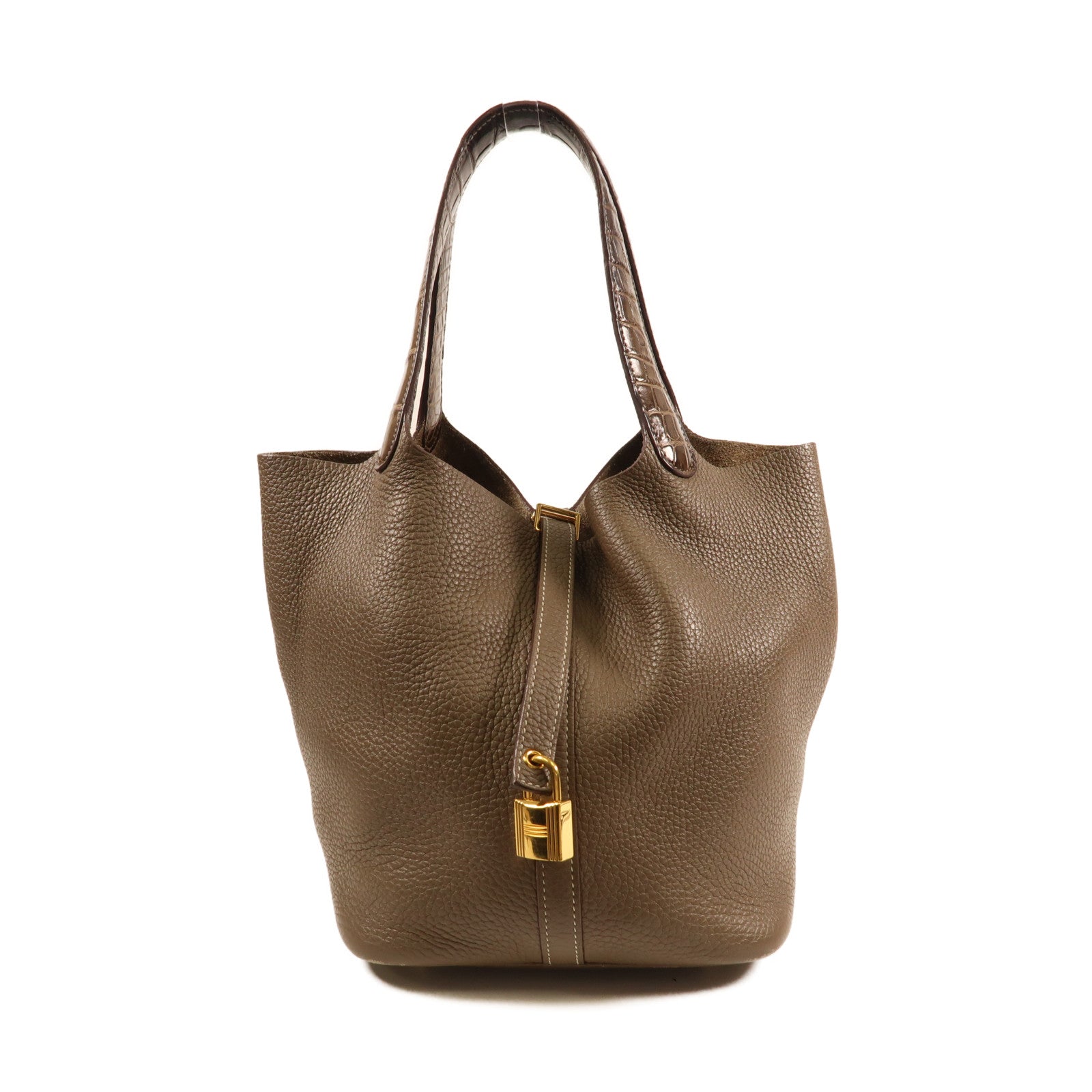 HERMES Alligator/Clemence皮革Picotin Touch MM金扣手挽袋Etoupe大象灰