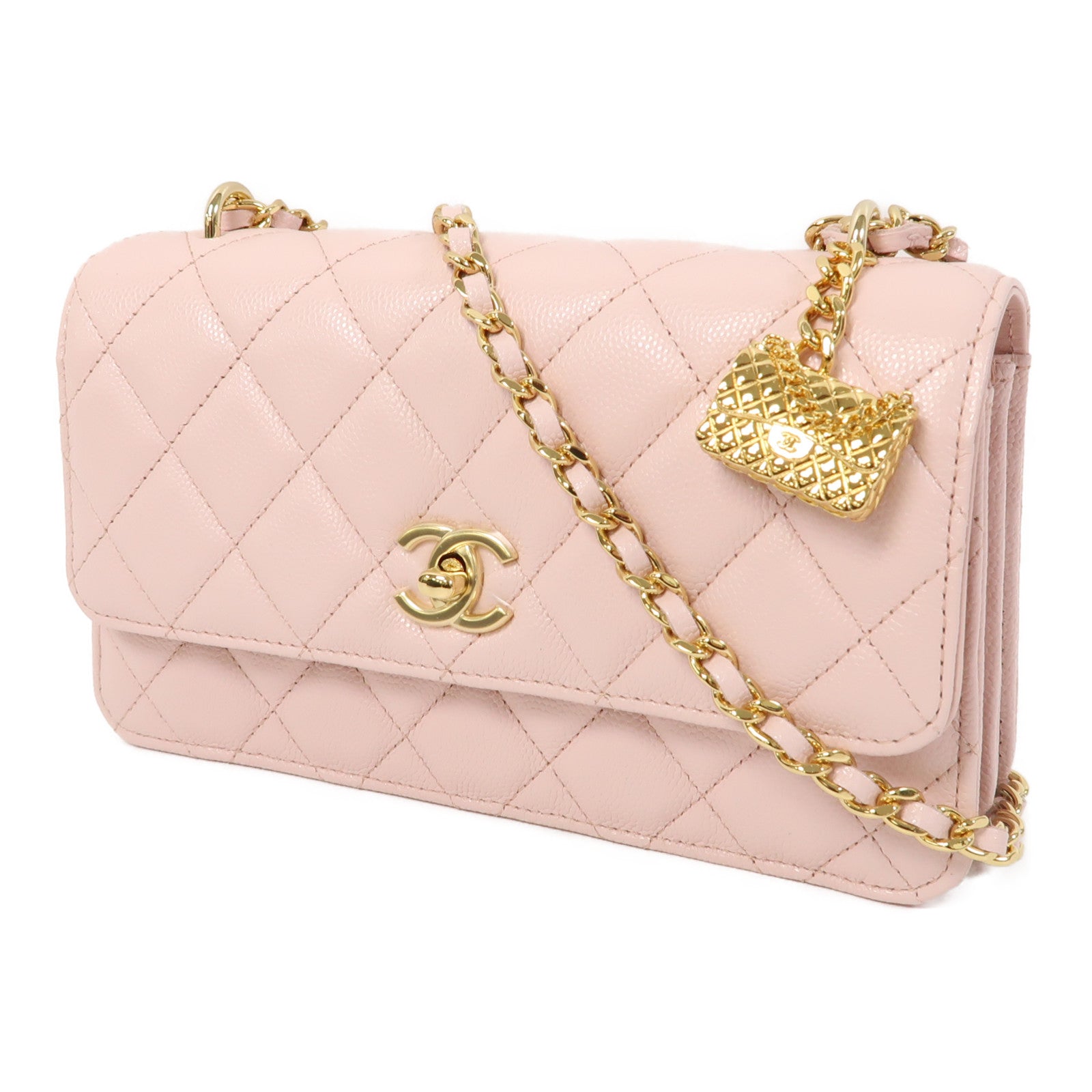 CHANEL 菱格牛皮皮革Chain Shoulder金扣鏈帶肩背袋粉紅色