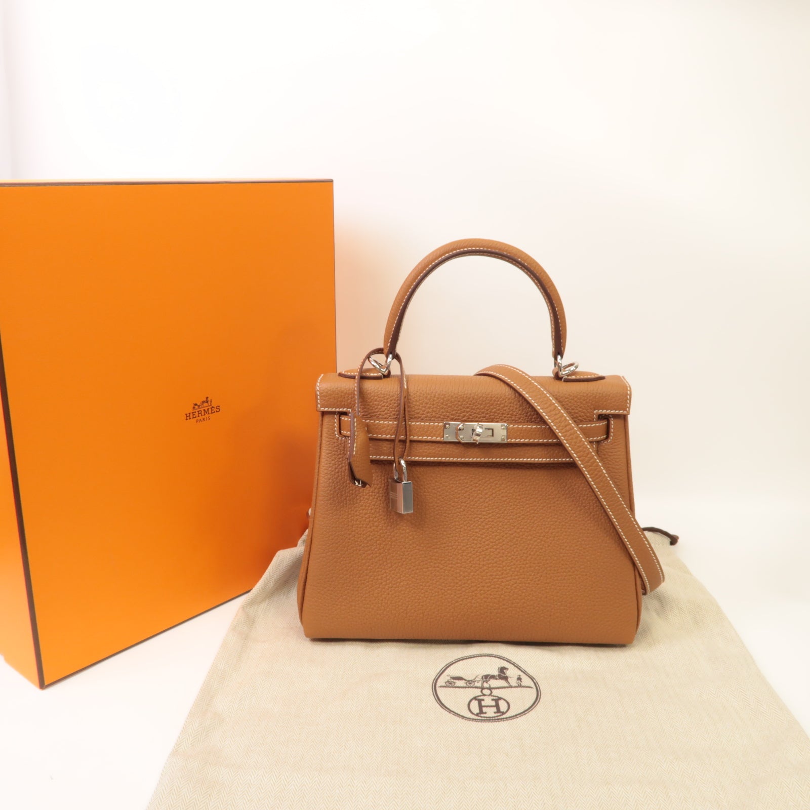 HERMES 【激減優惠】Togo皮革Kelly 25銀扣手挽肩背兩用袋啡色