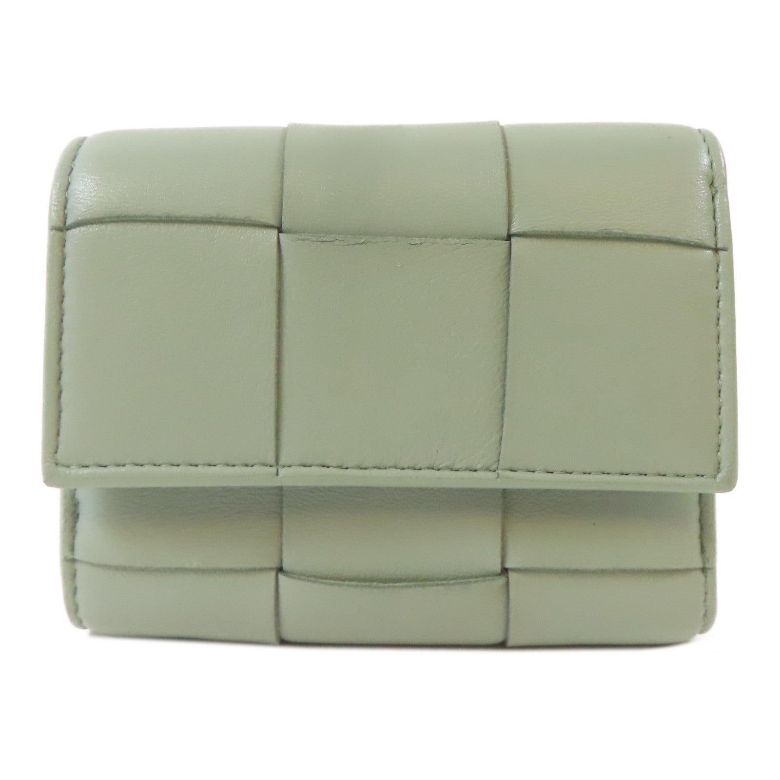 BOTTEGA VENETA 織紋羊皮皮革Trifold Wallet金扣錢包淺綠色