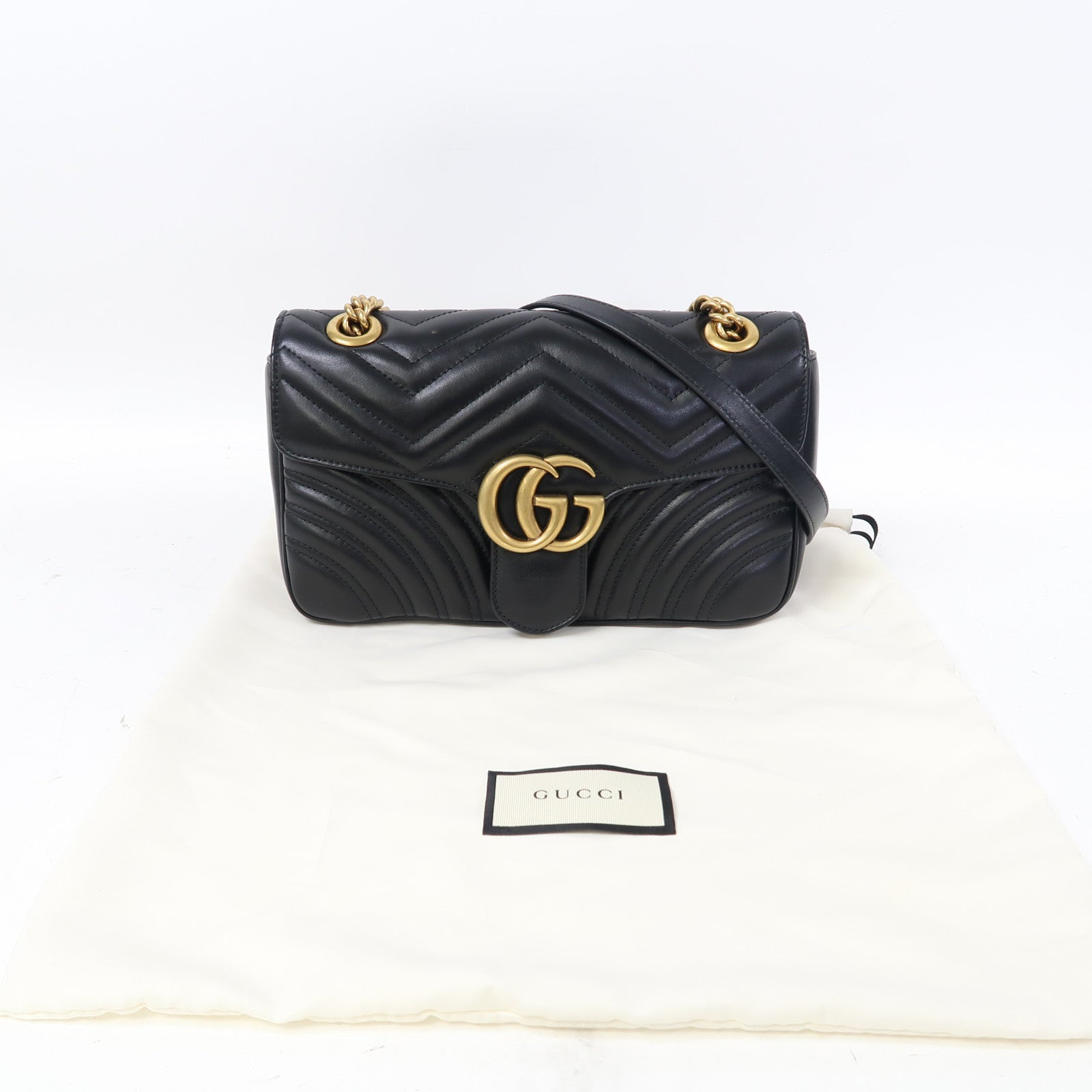 GUCCI 牛皮皮革GG Marmont金扣鏈帶肩背袋黑色