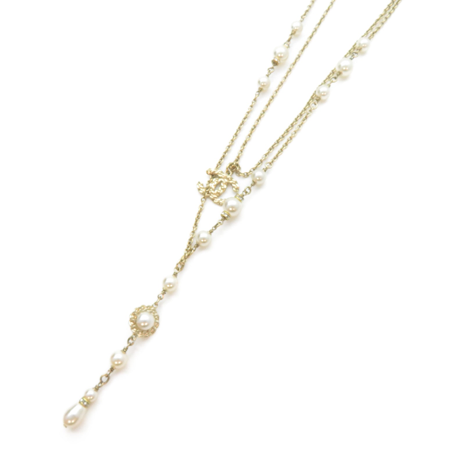 CHANEL 金屬CC Double Chain Pearl Necklace項鍊金色
