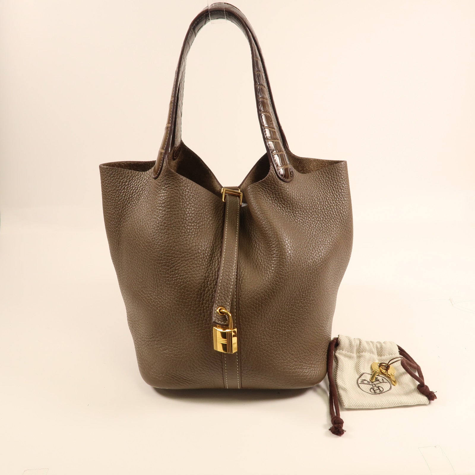 HERMES Alligator/Clemence皮革Picotin Touch MM金扣手挽袋Etoupe大象灰