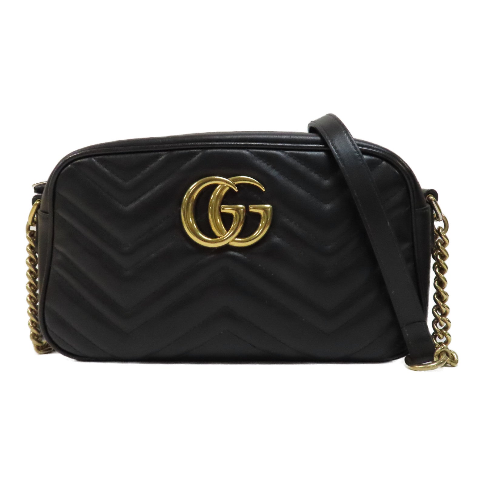 GUCCI 牛皮皮革GG Marmont金扣鏈帶肩背袋黑色
