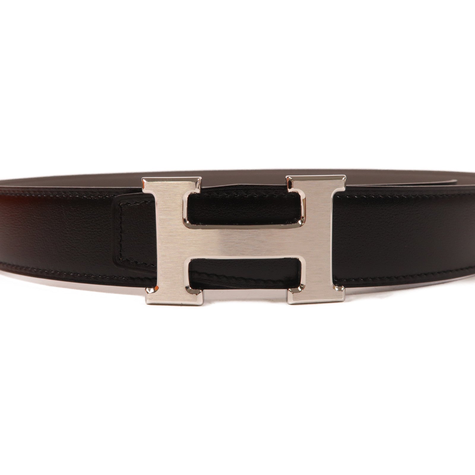 HERMES Veau 135/Togo皮革Belt銀扣皮帶Noir/Etain