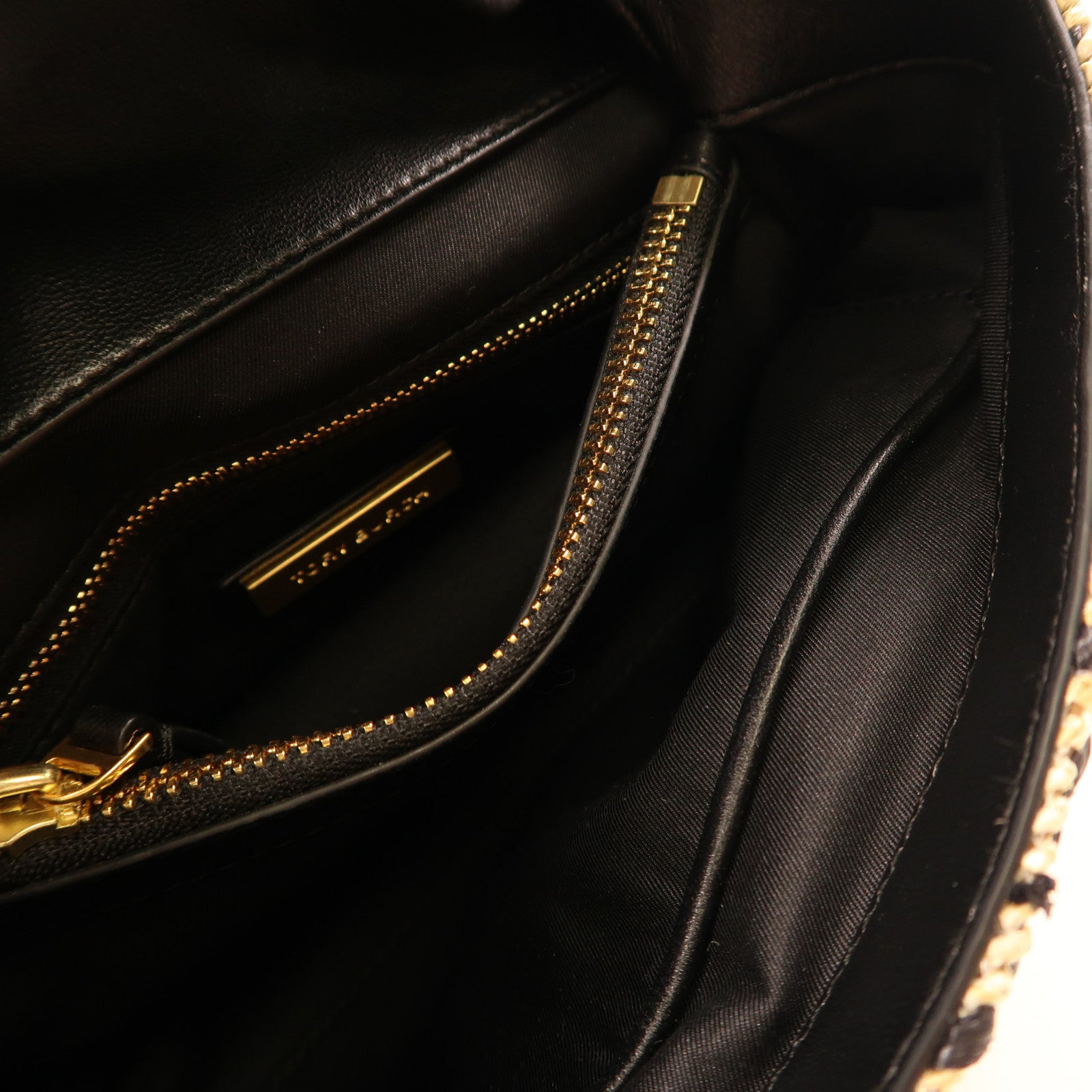 Tory Burch 藤料Chain Shoulder金扣鏈帶肩背袋米色/黑色