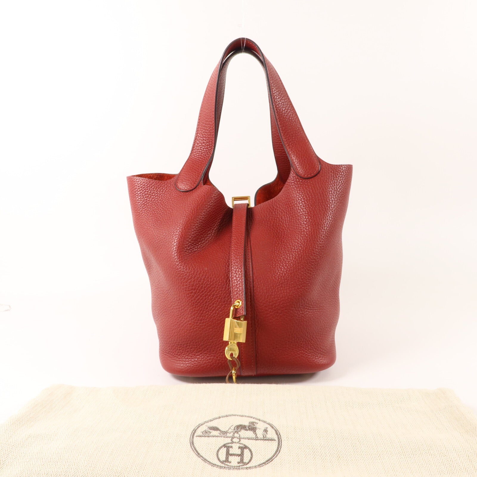 HERMES Clemence皮革Picotin MM扣手挽袋Rouge Garance