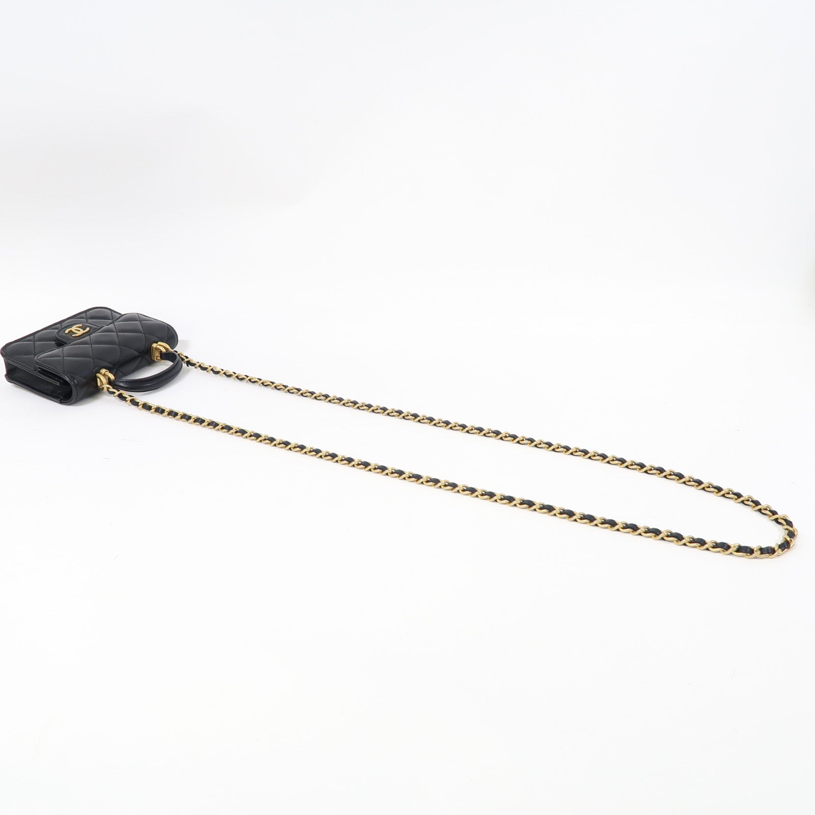 CHANEL 菱格羊皮皮革Chain Shoulder金扣鏈帶肩背袋黑色