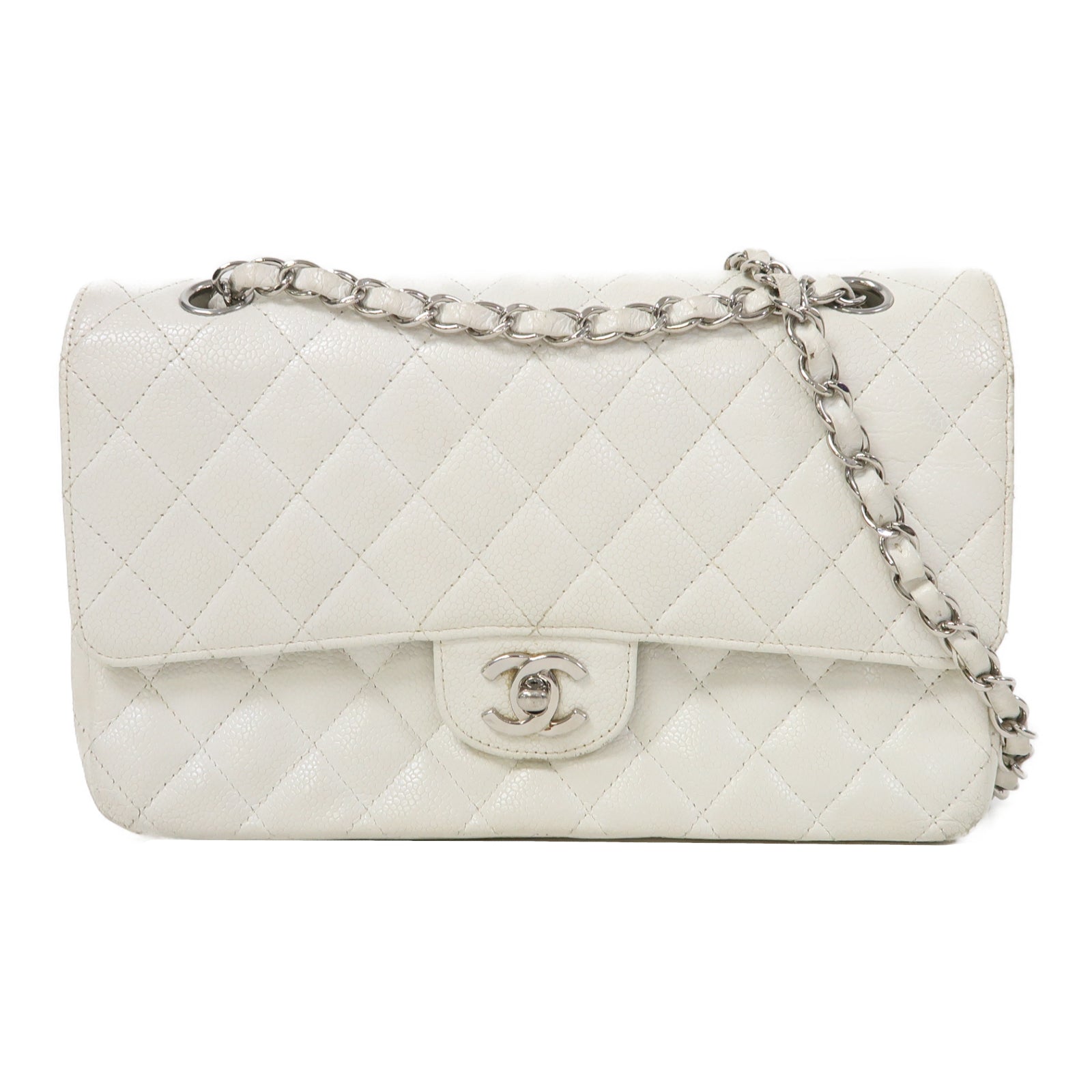 CHANEL 菱格牛皮皮革Classic 25銀扣鏈帶肩背袋白色