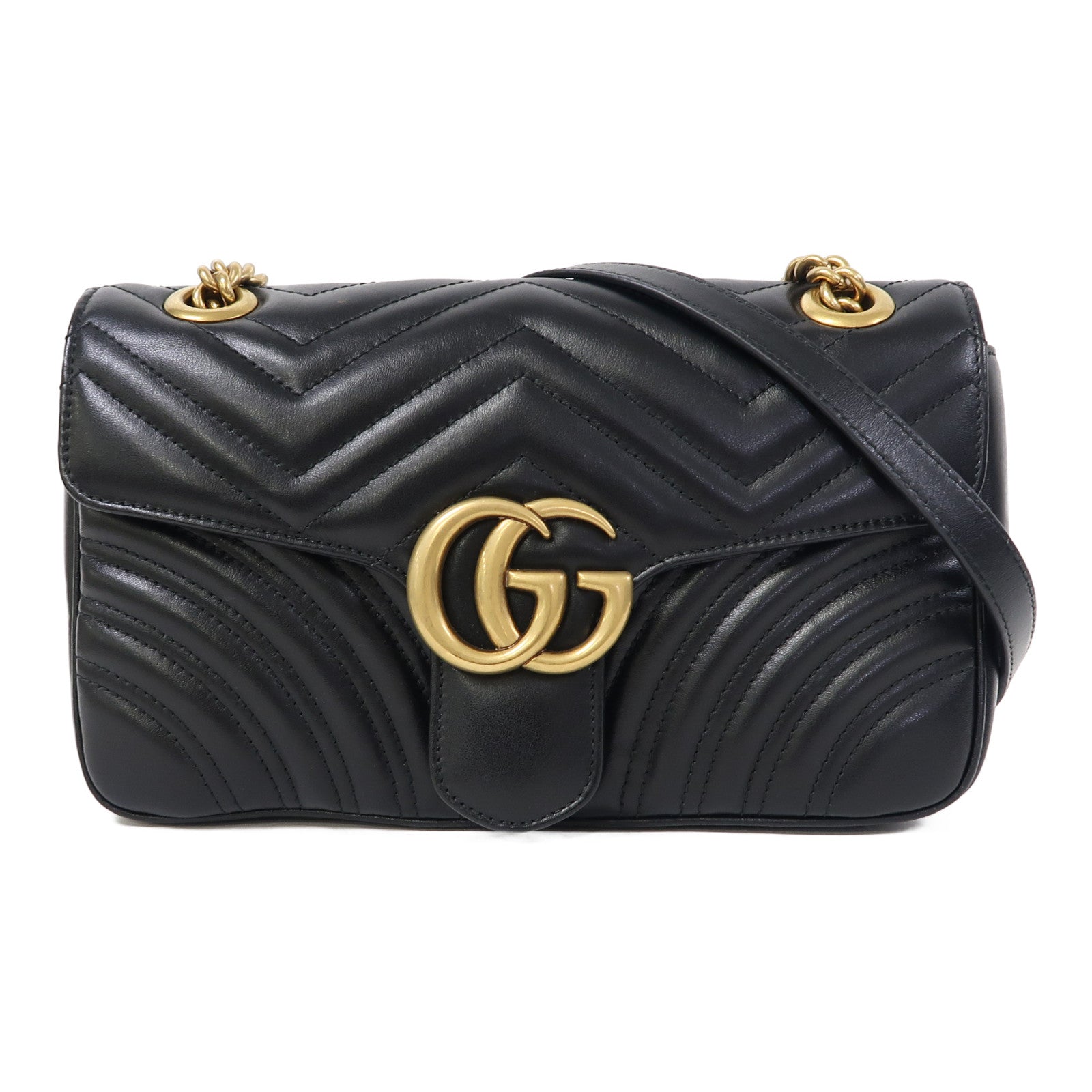 GUCCI 牛皮皮革GG Marmont金扣鏈帶肩背袋黑色