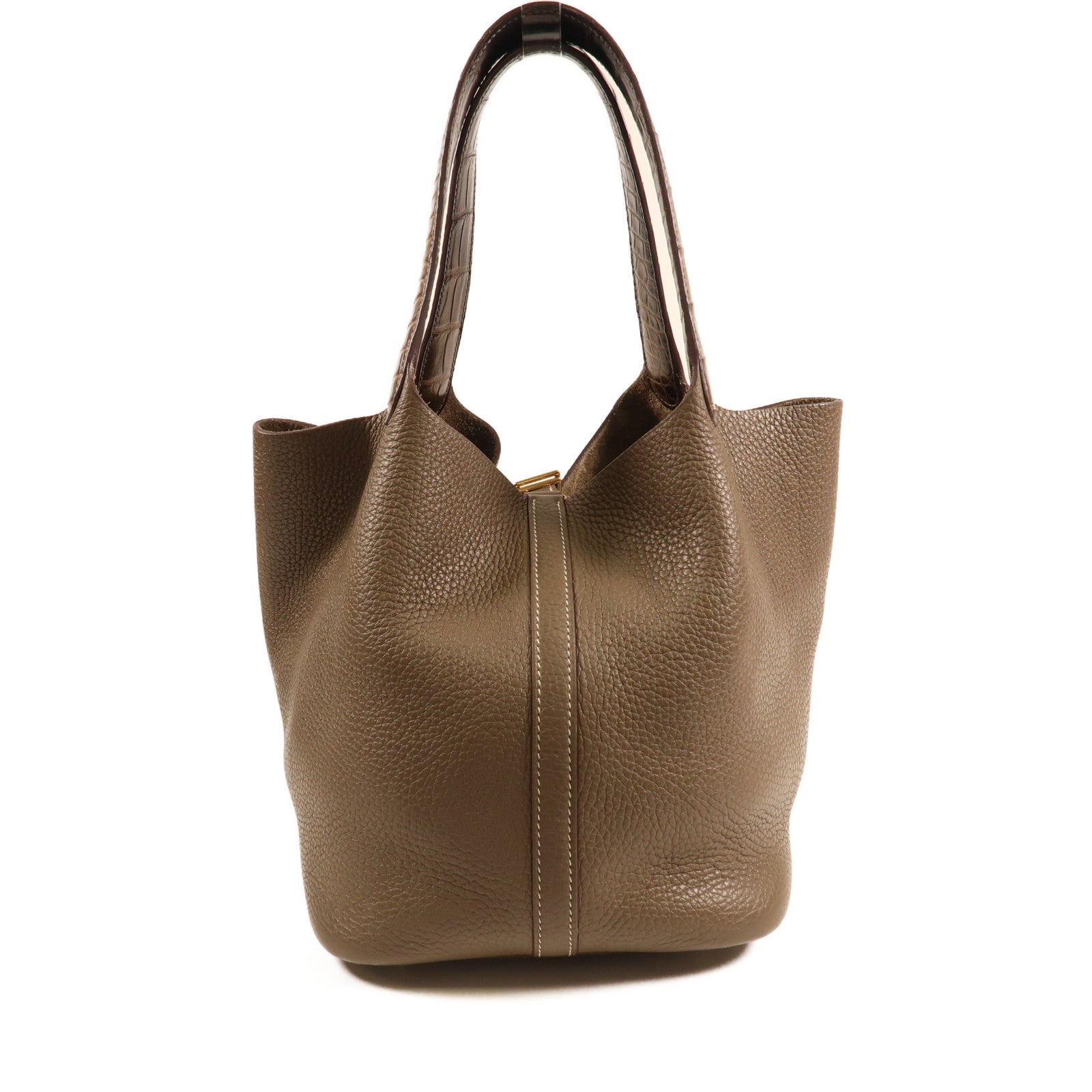 HERMES Alligator/Clemence皮革Picotin Touch MM金扣手挽袋Etoupe大象灰