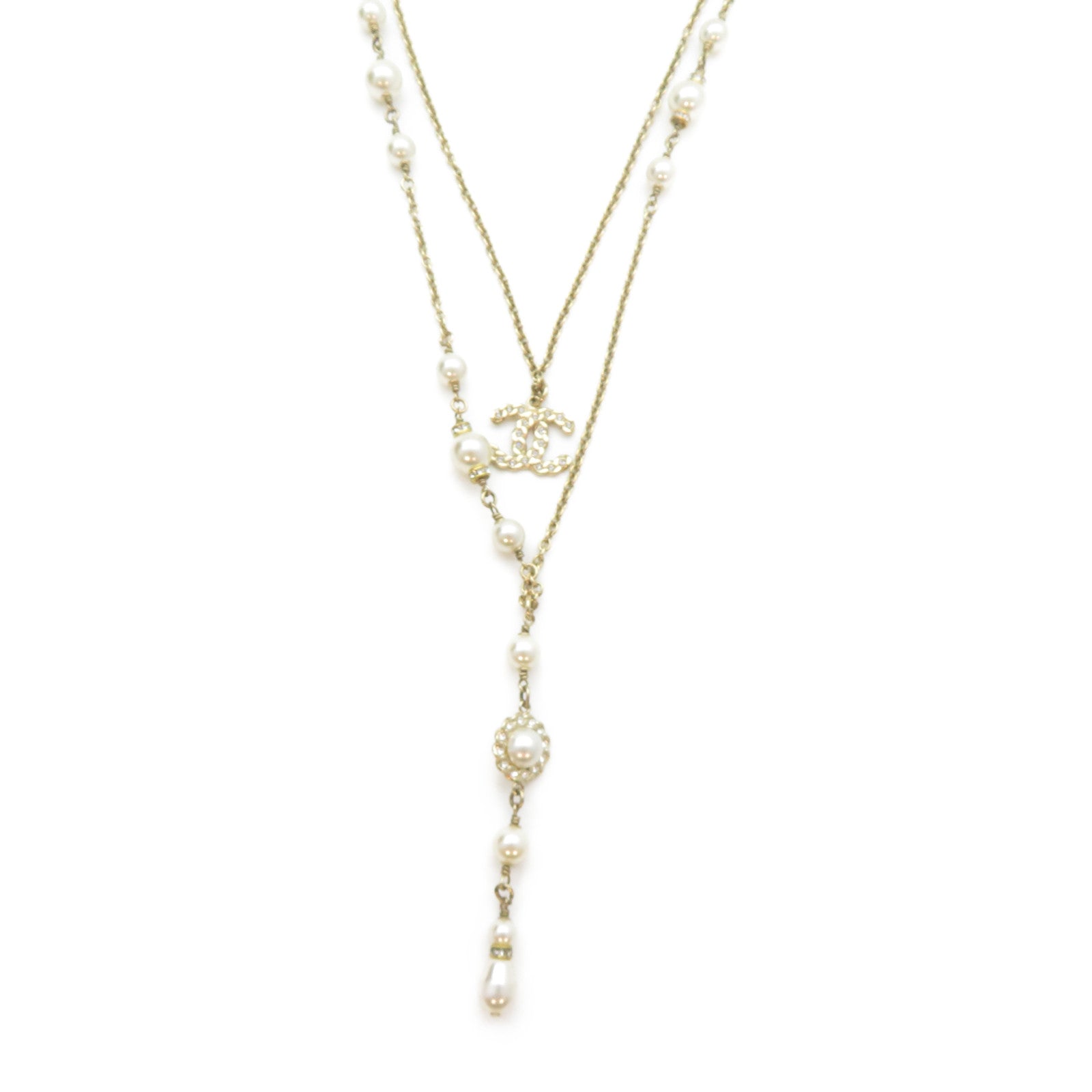 CHANEL 金屬CC Double Chain Pearl Necklace項鍊金色