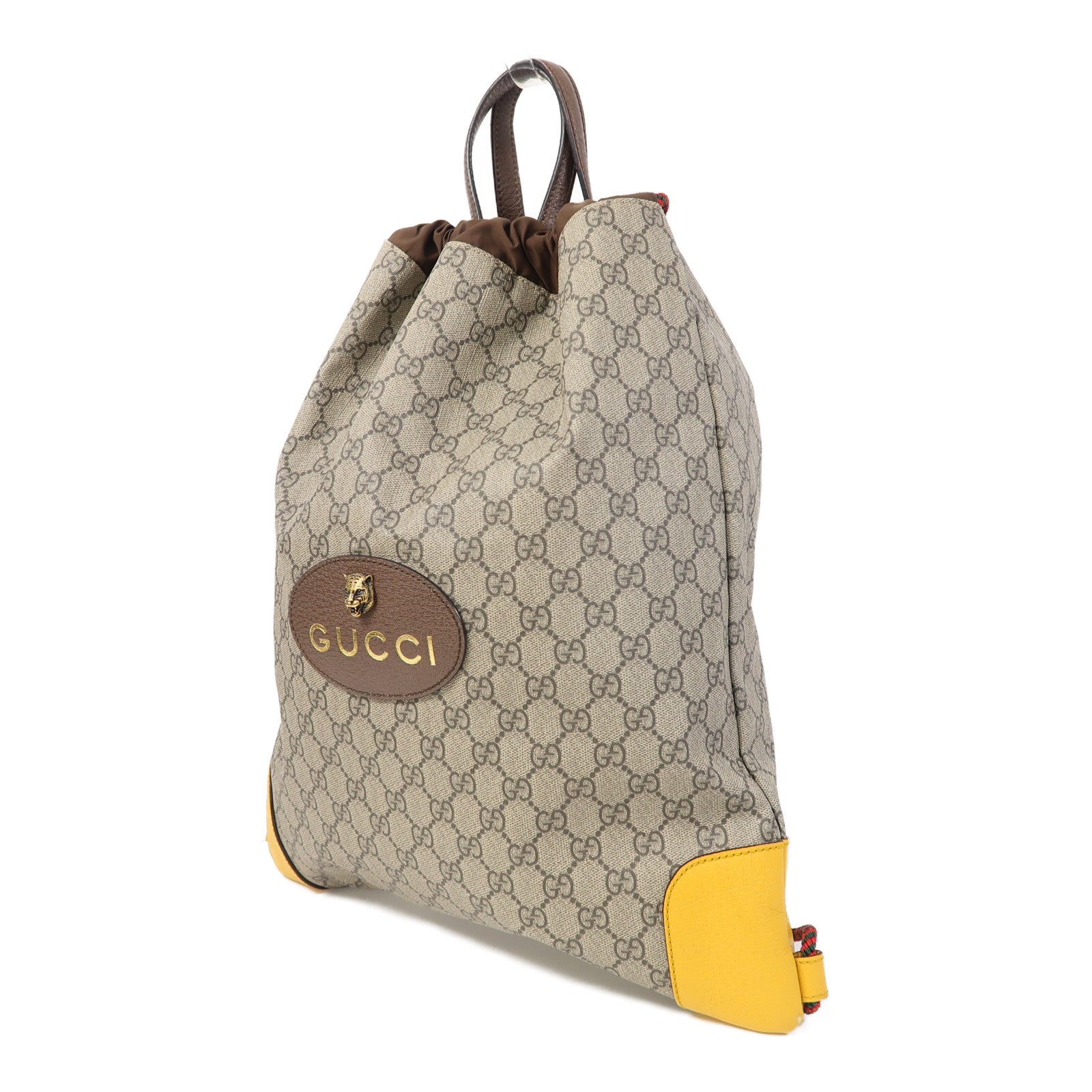 GUCCI 塗層帆布Neo Vintage Drawstring Backpack金扣背包啡色/黃色