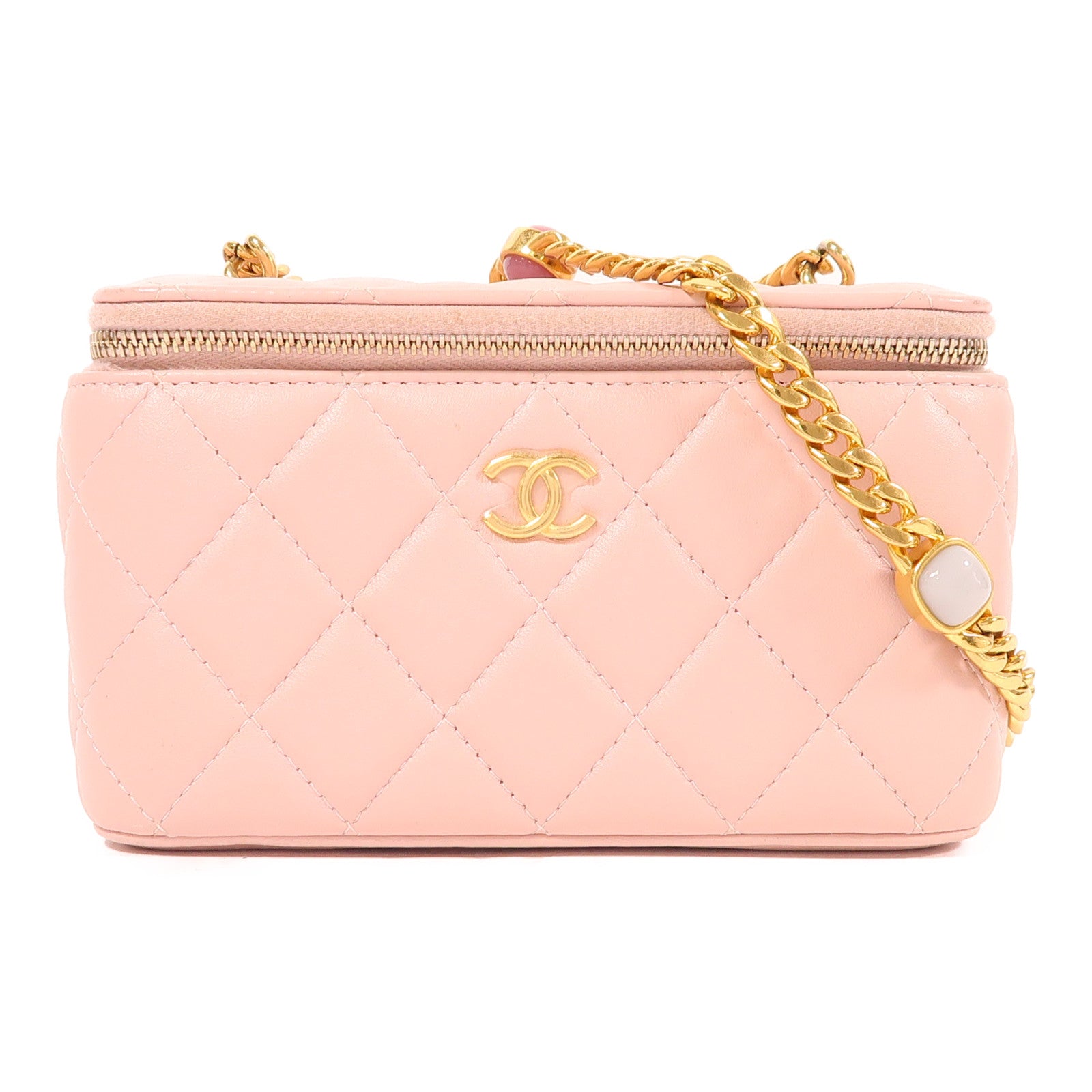 CHANEL CC GHW Vanity Case Chain Shoulder Bag Lambskin Leather Pink