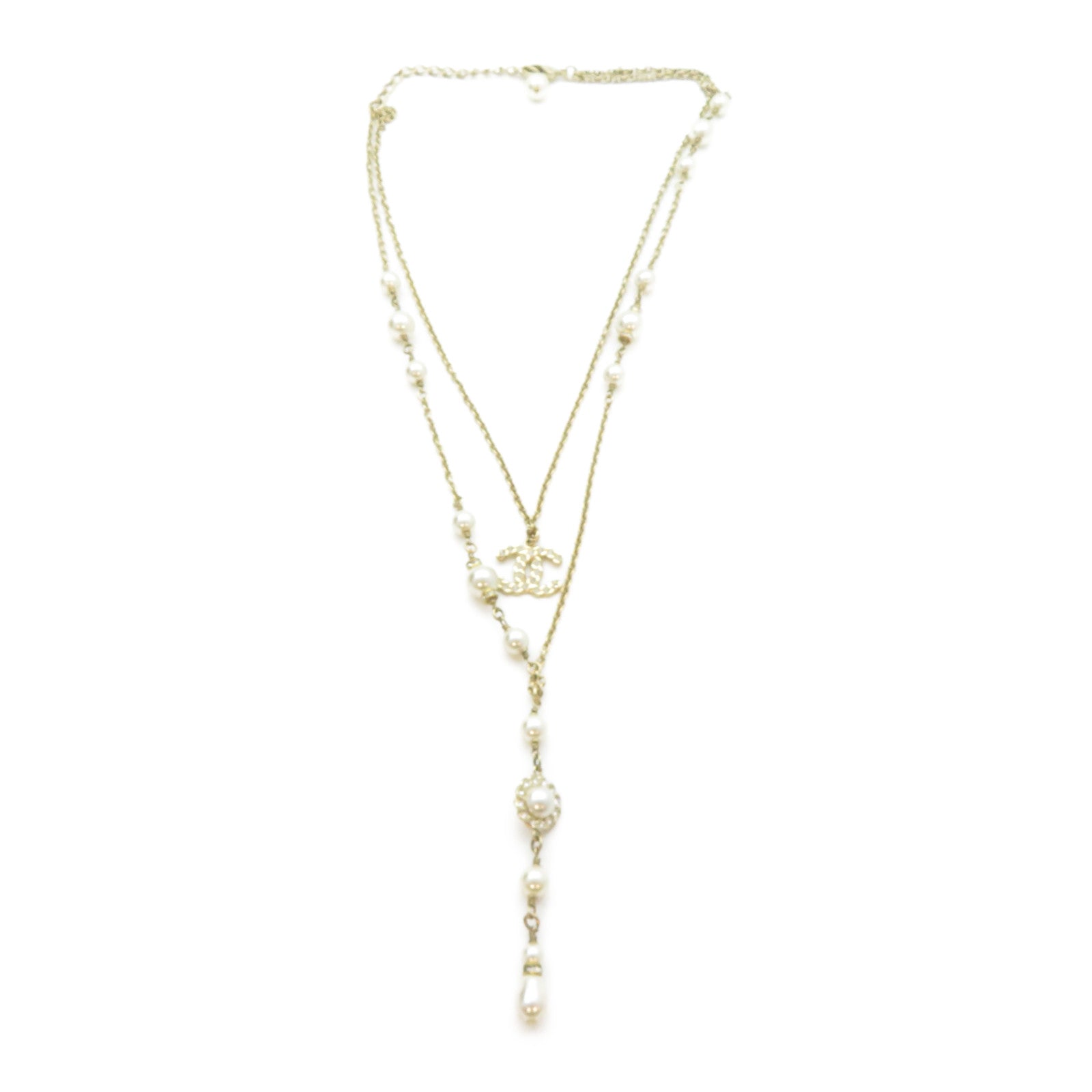 CHANEL 金屬CC Double Chain Pearl Necklace項鍊金色