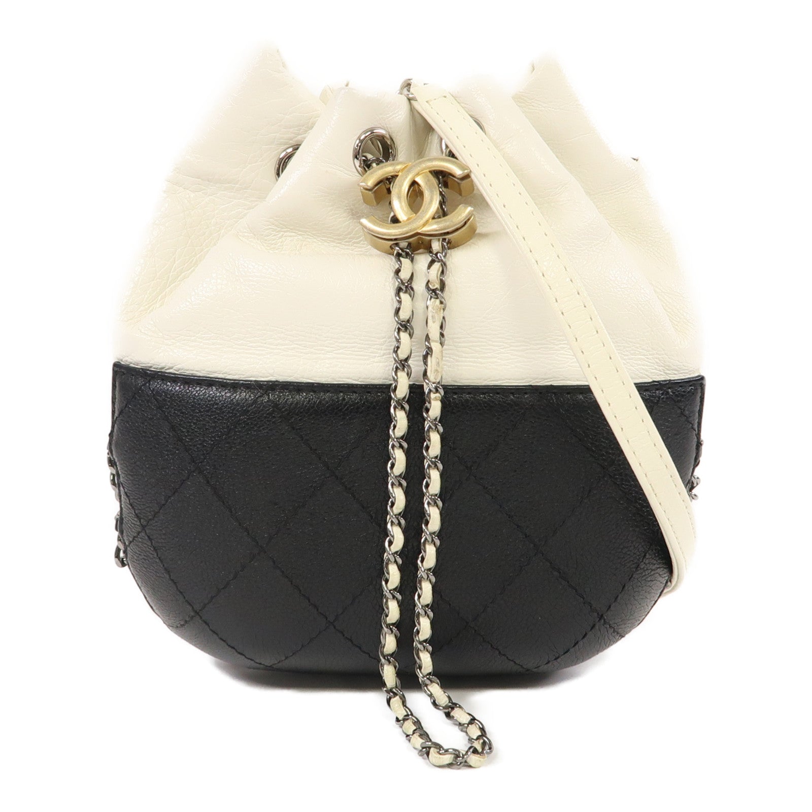 CHANEL 牛皮皮革Chain Shoulder鏈帶肩背袋黑色/白色