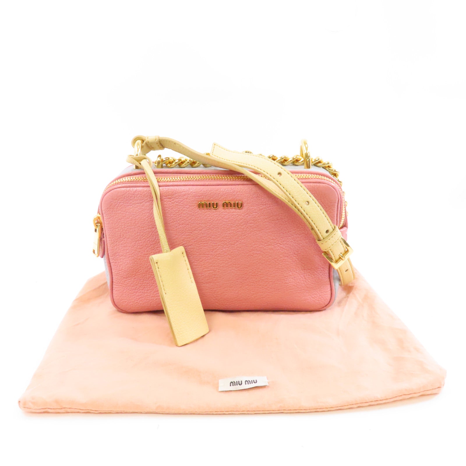 Miu Miu 牛皮皮革Chain Shoulder金扣鏈帶肩背袋粉紅色/淺藍色/淡黄色