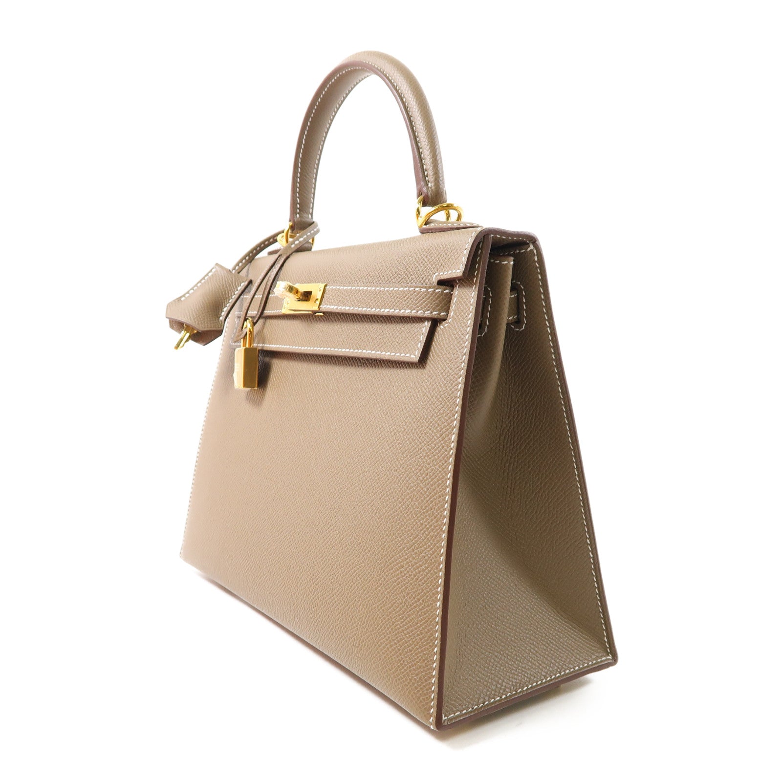 HERMES Epsom皮革Kelly 25金扣手挽肩背兩用袋Etoupe大象灰