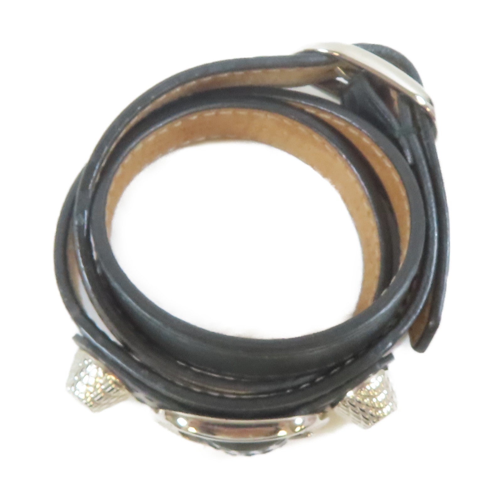 BALENCIAGA 皮革/金屬Bangle手鐲黑色/銀色#15.5cm